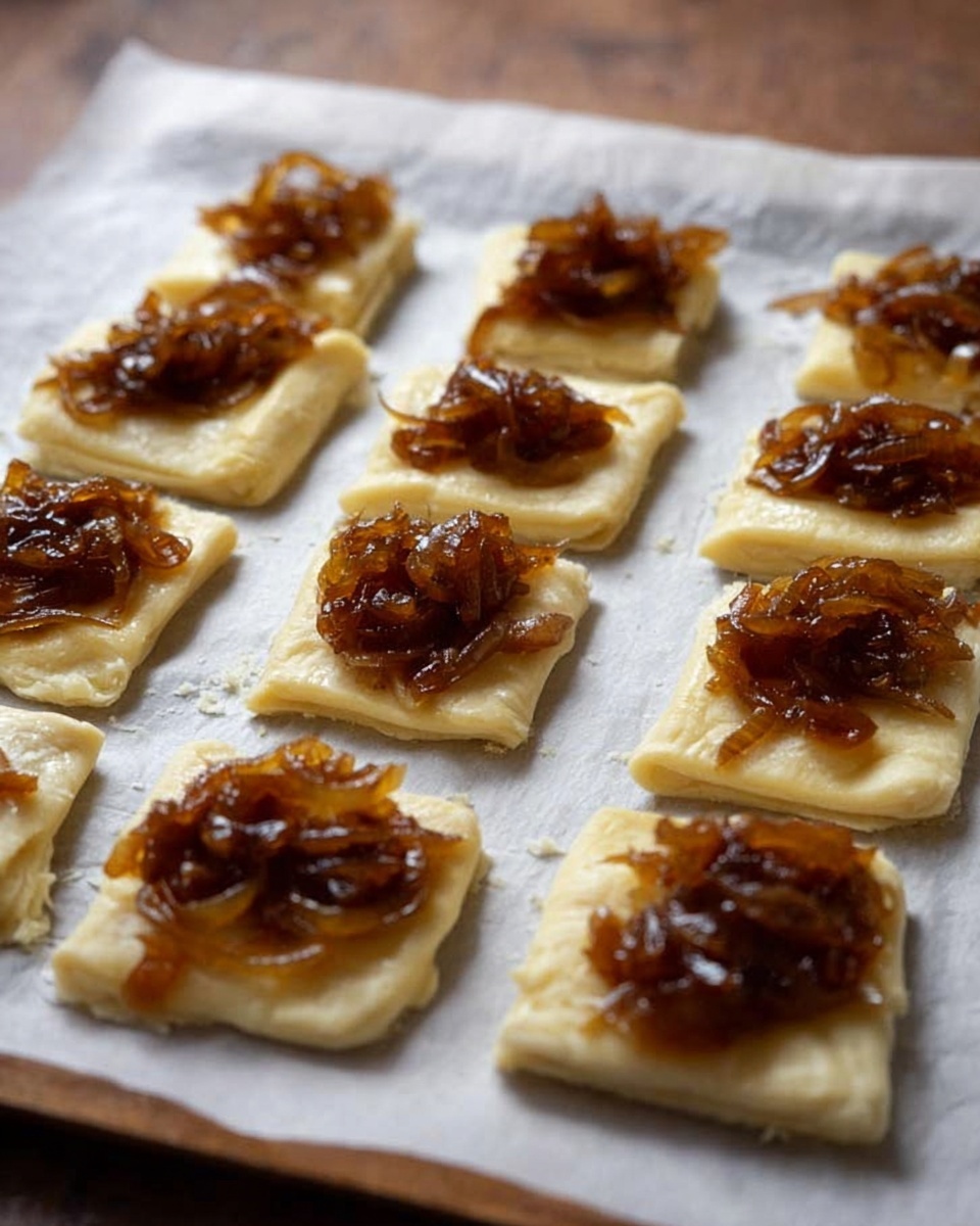 Caramelized Onion & Goat Cheese Tarts Recipe 5 A white parchment-lined tray holds 12 small square dough pieces arranged in a neat 3x4 grid. Each dough square is pale yellow with a slightly uneven surface texture and has a small pile of shiny, caramelized brown onions resting on top, the onions looking soft and slightly sticky with visible thin strands. The dough edges appear uncooked and slightly puffed, and the overall scene is set against a blurred wooden surface background. The lighting is soft and natural, casting gentle shadows around the dough and onions. photo taken with an iphone --ar 4:5 --v 7