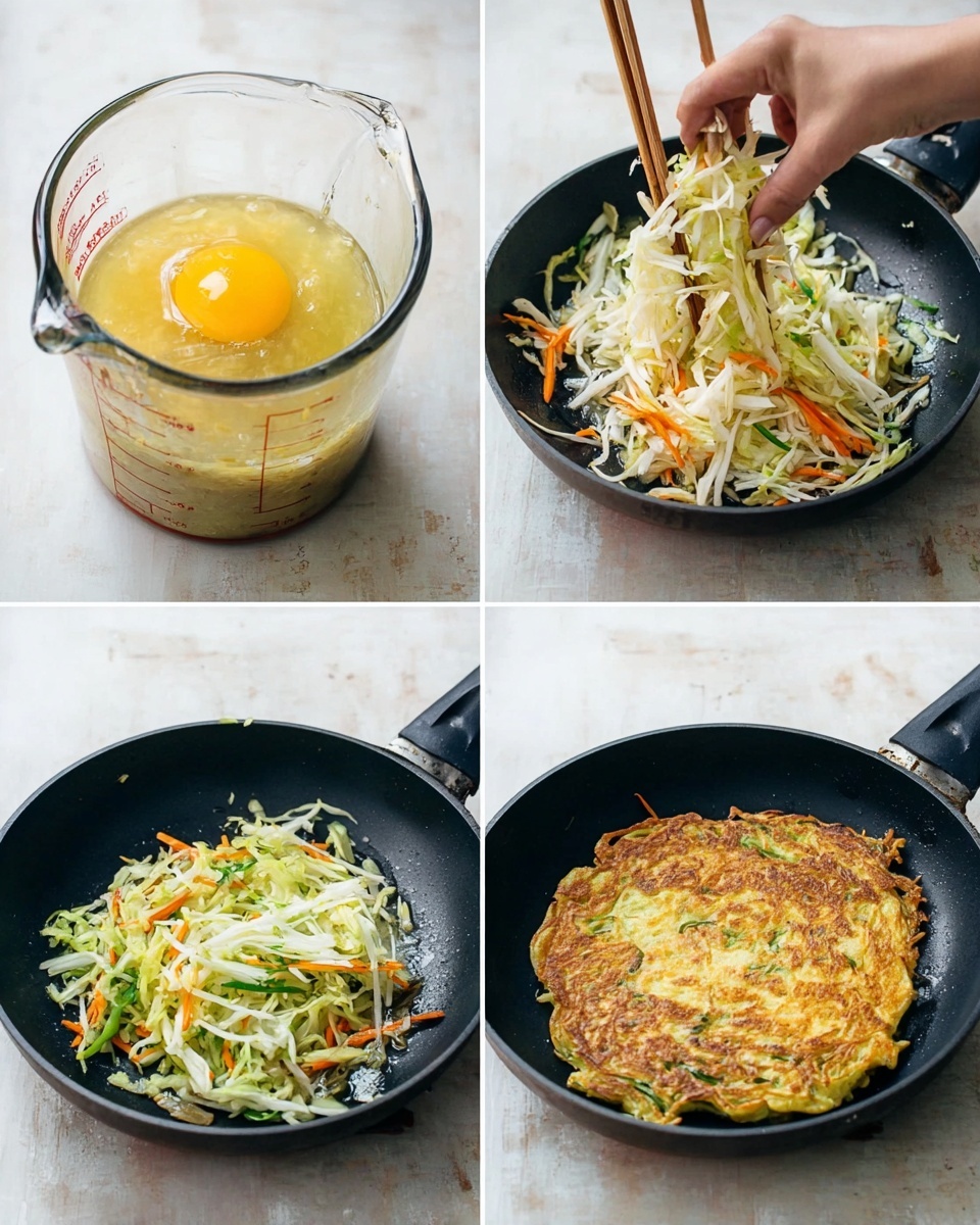 The image shows a step-by-step process of making a vegetable pancake. The first layer is shredded white and light green cabbage mixed with thin carrot strips and green onion pieces in a clear measuring cup with an egg yolk on top. The second layer shows the mixture beaten until smooth, with a woman's hand holding the cup and mixing it with chopsticks. The third layer is a raw pancake mix in a black pan with visible cabbage, carrot, and green onion on top, ready to cook. The final layer shows the cooked pancake golden brown and slightly crispy on the edges with some green onion pieces visible, still in the pan with a black spatula to one side. The surface under the pan is a white marbled texture photo taken with an iphone --ar 4:5 --v 7