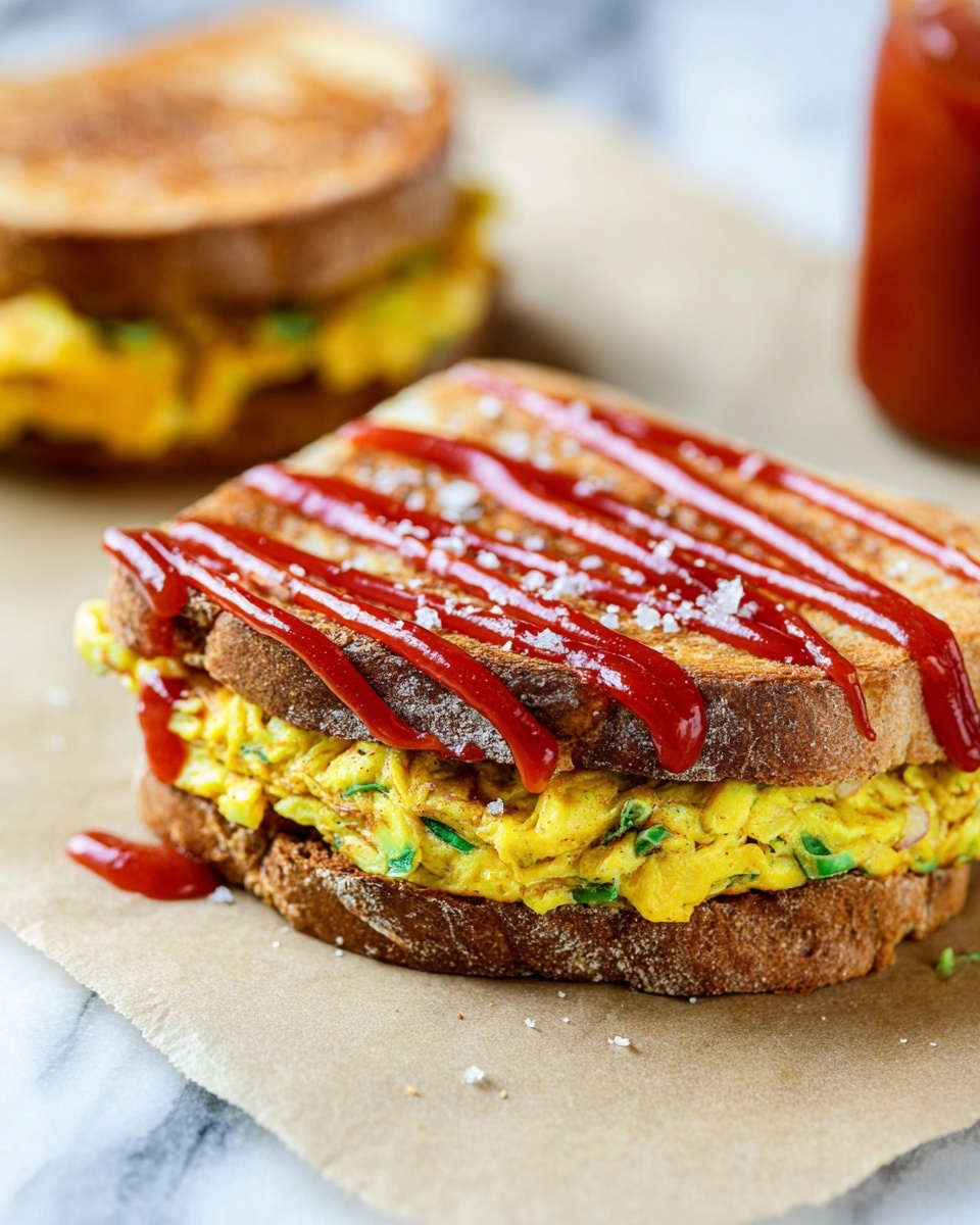 The image shows a sandwich with three visible layers. The bottom layer is a toasted brown slice of bread with a rough texture. On top of this is a thick, golden-yellow cooked egg patty mixed with bits of green herbs and small pieces of white onion, textured and slightly uneven at the edges. The top layer is bright red ketchup drizzled in thick lines across the egg, with a light sprinkle of white granulated sugar in the middle. In the background, there is a second sandwich blurred out, also toasted brown bread with a similar egg patty inside. The sandwich is placed on beige parchment paper over a white marbled surface. Photo taken with an iphone --ar 4:5 --v 7