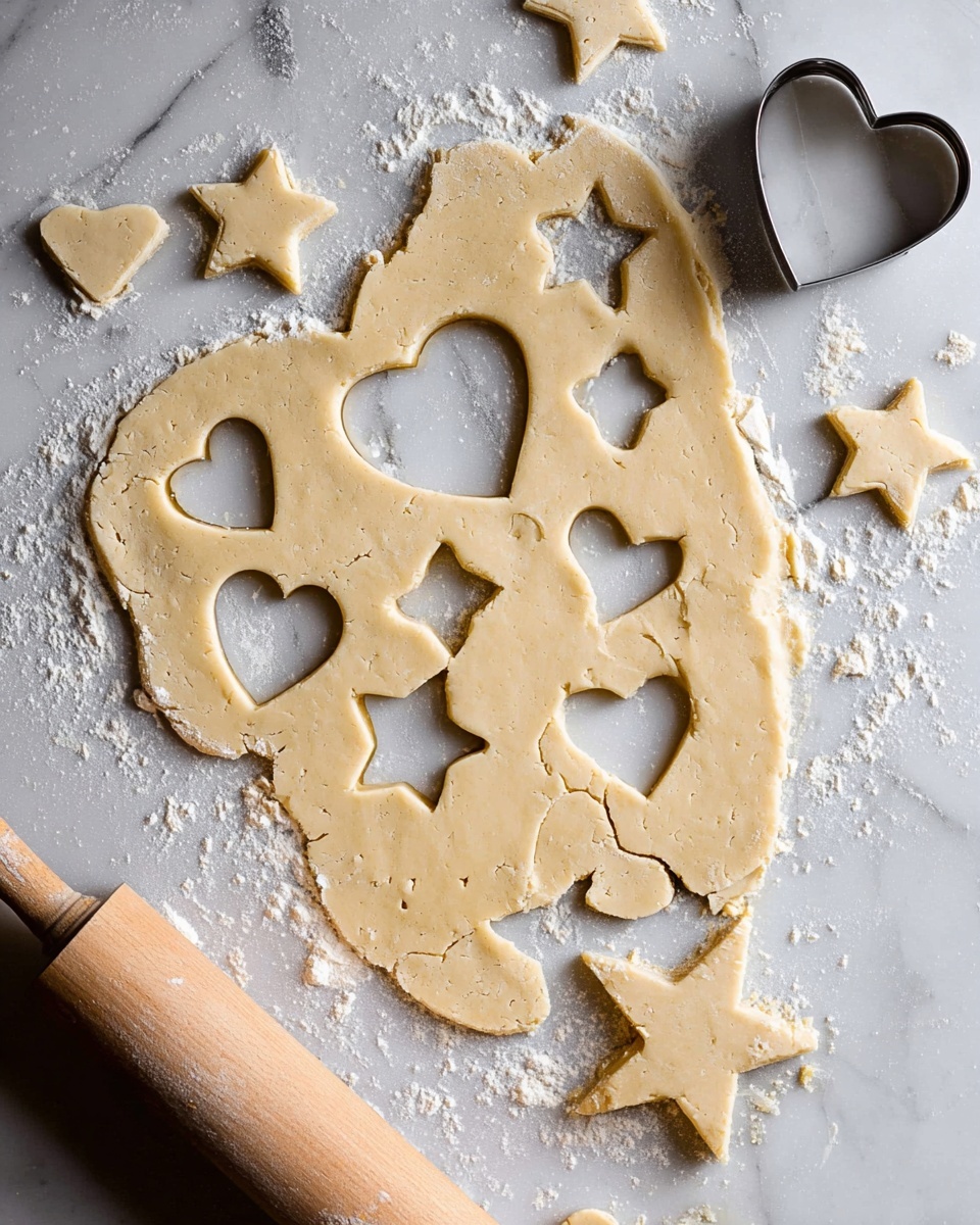 Cut-Out Sugar Cookies Recipe 5 A rolled layer of light beige dough rests on a white marbled surface dusted with white flour, with several star and heart shapes cut out from the dough using metal cookie cutters; the dough layer is thin and textured with slight cracks on the edges. Around the dough, there are separate star and heart-shaped dough pieces placed randomly. A metal heart-shaped cutter is placed on the dough sheet top right, and a metal star-shaped cutter is placed near the bottom right of the dough. A wooden rolling pin is visible partially at the bottom left corner. photo taken with an iphone --ar 4:5 --v 7