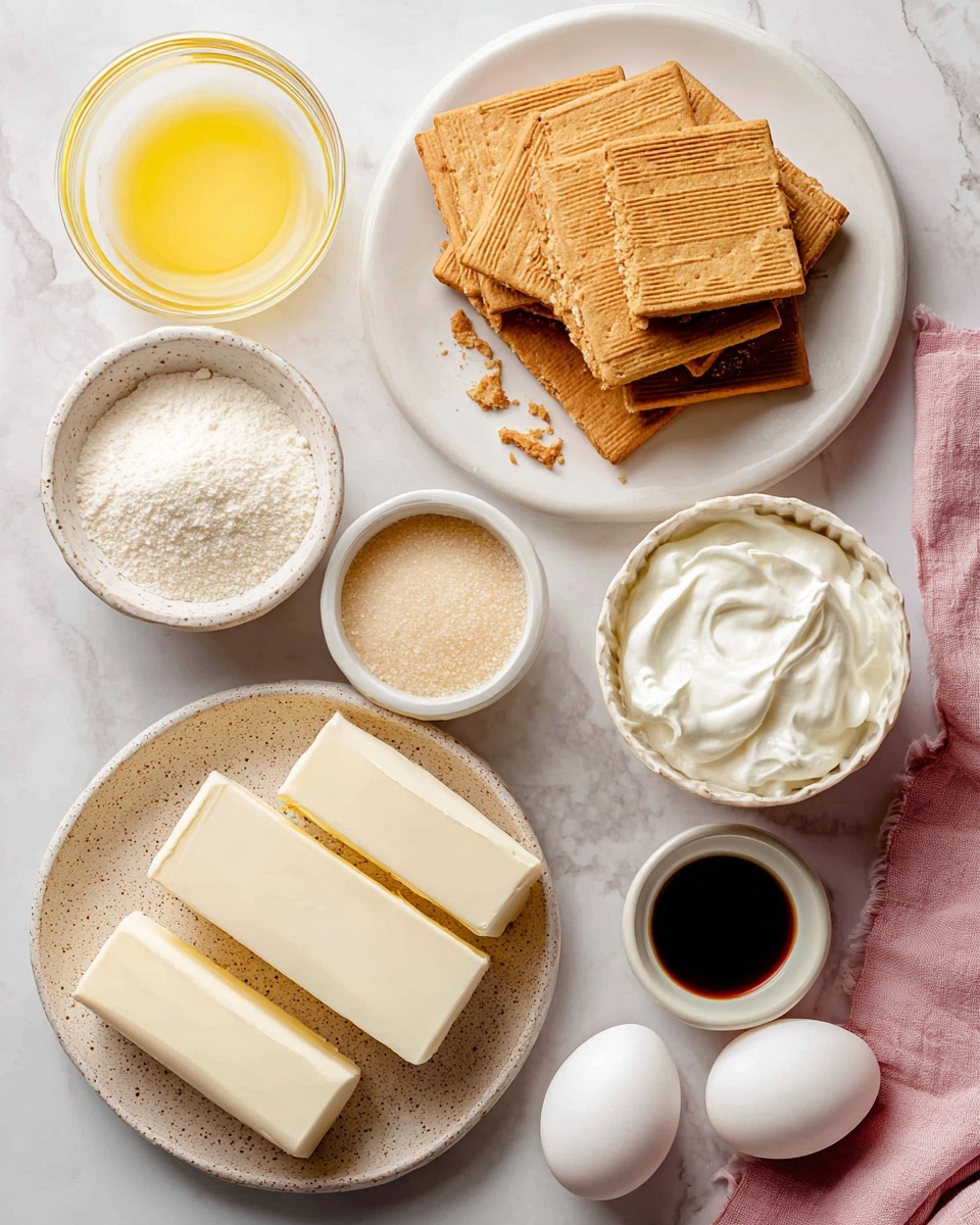 Mini Cheesecakes with Graham Cracker Crust Recipe 4 The image shows a flat lay of ingredients for a dessert, arranged on a white marbled surface. At the top right, there is a white plate stacked with golden brown graham crackers, some whole and some broken. To the top left, a small clear glass bowl holds melted butter, yellow with a smooth texture. Below it, a small white bowl with a slightly rough texture contains pale yellow lemon juice. Near the center, a textured white ceramic bowl filled with fine white sugar is placed. Just below, there is a white bowl filled with thick, soft white sour cream. At the bottom left, a beige speckled plate holds several smooth, rectangular blocks of cream cheese, white and creamy. To the right, a small white dish contains dark brown vanilla extract with a shiny surface. At the bottom right, two white eggs with smooth shells rest side by side. A folded pink cloth is partially visible on the right edge. Photo taken with an iphone --ar 4:5 --v 7