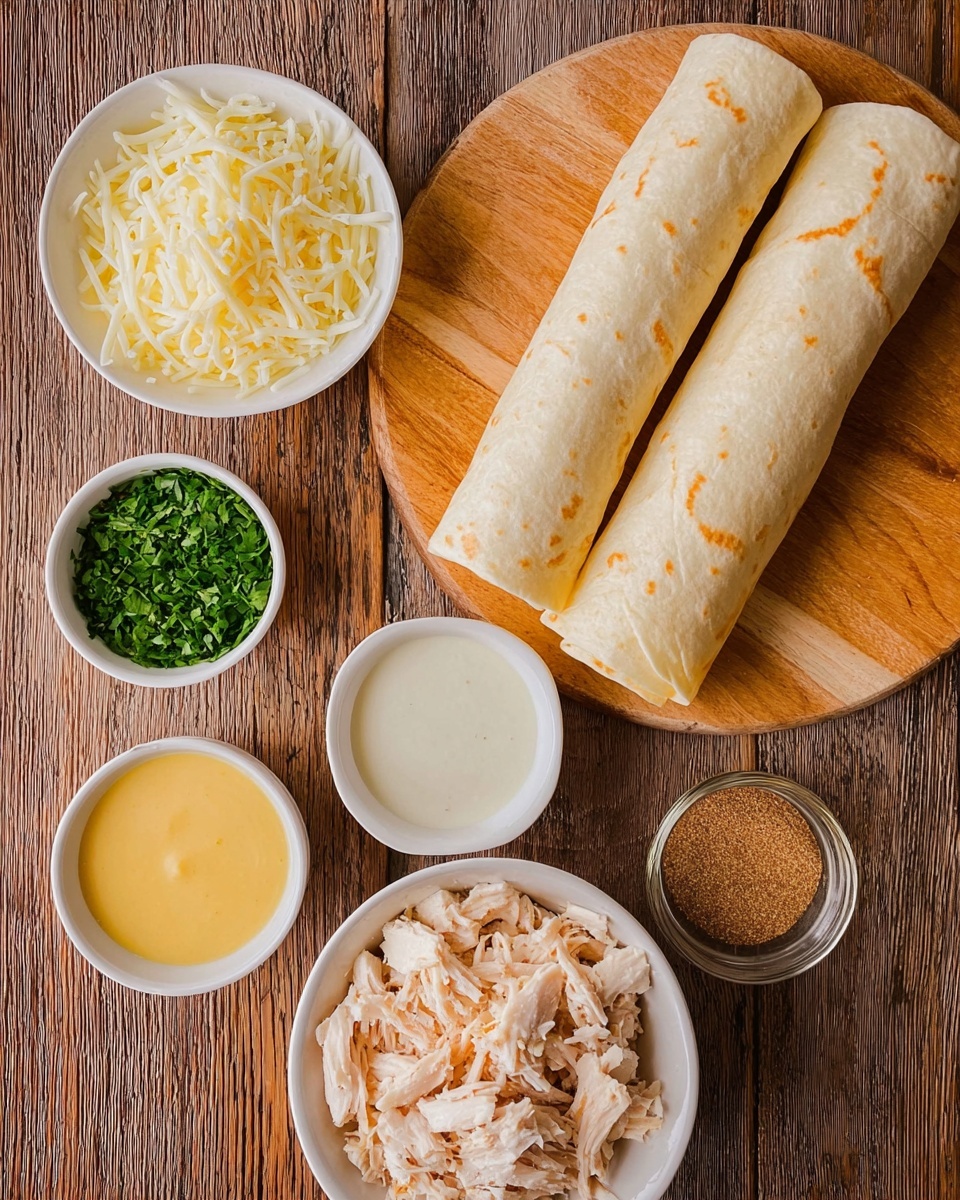 The image shows two rolled tortillas placed side by side on a round wooden cutting board, both light tan in color and smooth in texture with slight cracks. Surrounding the board on a wooden surface are six small white bowls with different ingredients: one bowl holds white shredded cheese, another has shredded cooked chicken in white mixed with light pink shades, a third contains a yellow creamy sauce, the fourth is filled with finely chopped green herbs, the fifth has a light brown powdered spice, and the last bowl holds a clear liquid. Photo taken with an iphone --ar 4:5 --v 7