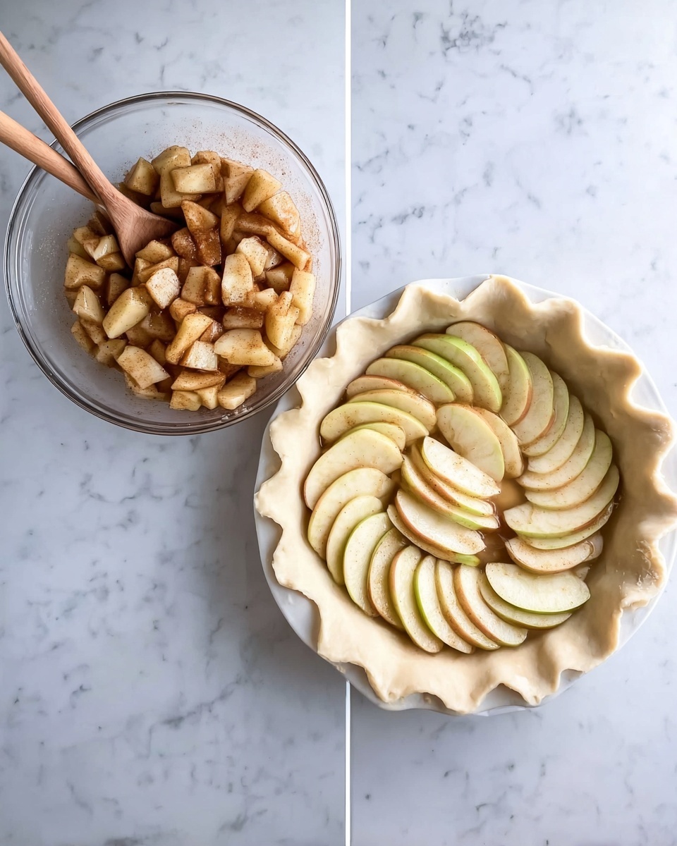La vraie "American Apple Pie Recipe 4 The image shows two parts of apple pie making on a white marbled surface. On the left side, there is a clear glass bowl filled with sliced apple pieces mixed with sugar and cinnamon, with a wooden spoon resting above it. On the right side, there is a white pie dish with uncooked pie dough pressed in and layered with the same apple slices arranged in a neat circular pattern inside the dough. The pie dough edges are folded slightly over the apples. A wooden spoon lies above the pie dish, matching the wooden spoon in the left image. Photo taken with an iphone --ar 4:5 --v 7