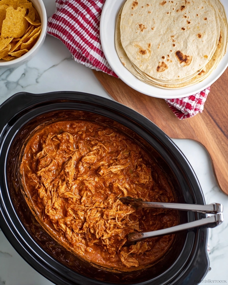 A slow cooker filled with shredded, saucy chicken mixed in a thick reddish-brown creamy sauce with visible herbs and chunks, with shiny silver tongs resting inside. Above it is a white plate holding three stacked flour tortillas with light brown spots, all placed on a wooden board partially covered by a red and white checkered cloth. Part of a white bowl with some yellow crunchy snacks is visible on the left. The whole scene is set on a white marbled surface. Photo taken with an iphone --ar 4:5 --v 7