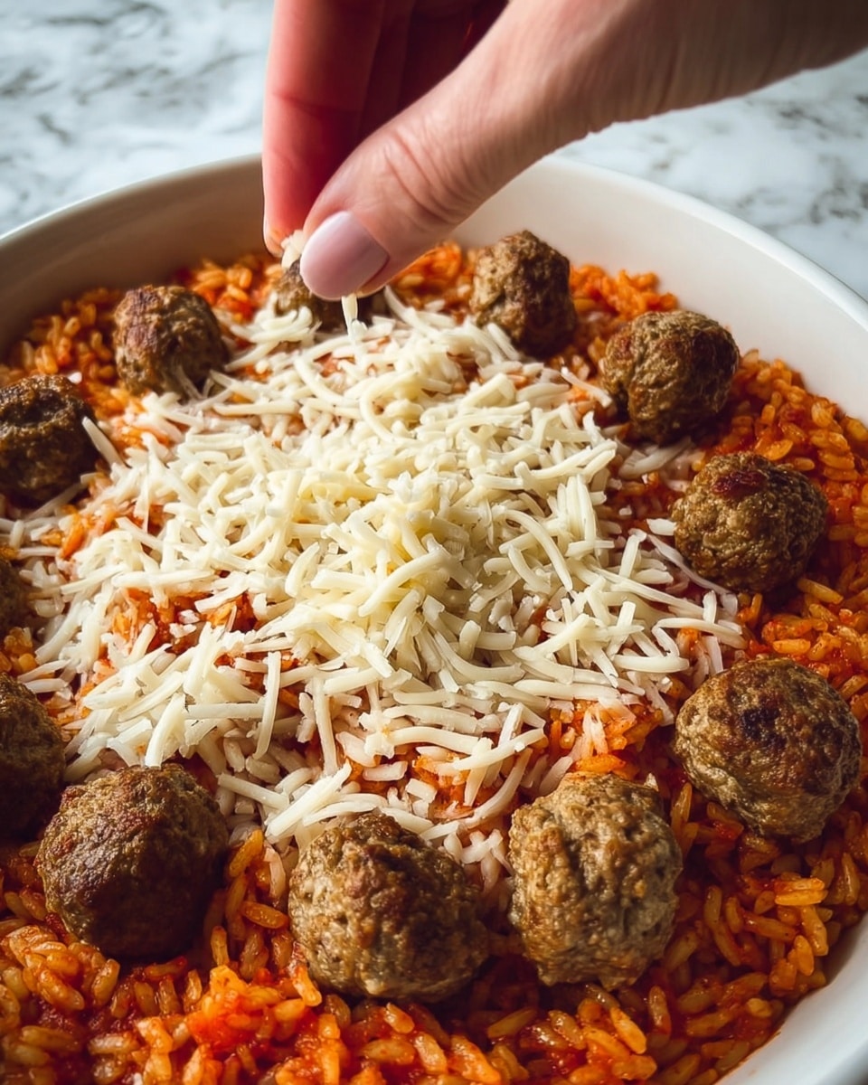 The image shows a close-up of a white bowl filled with orange-red rice mixed with tomato sauce, creating a textured, colorful base layer. On top of the rice, evenly spaced small brown meatballs are placed, adding a rough, slightly crumbly texture. A woman's hand is sprinkling shredded white cheese over the meatballs and rice, creating a delicate contrast with the vibrant reds and browns. The background surface has a white marbled texture, making the colors of the dish stand out. Photo taken with an iphone --ar 4:5 --v 7