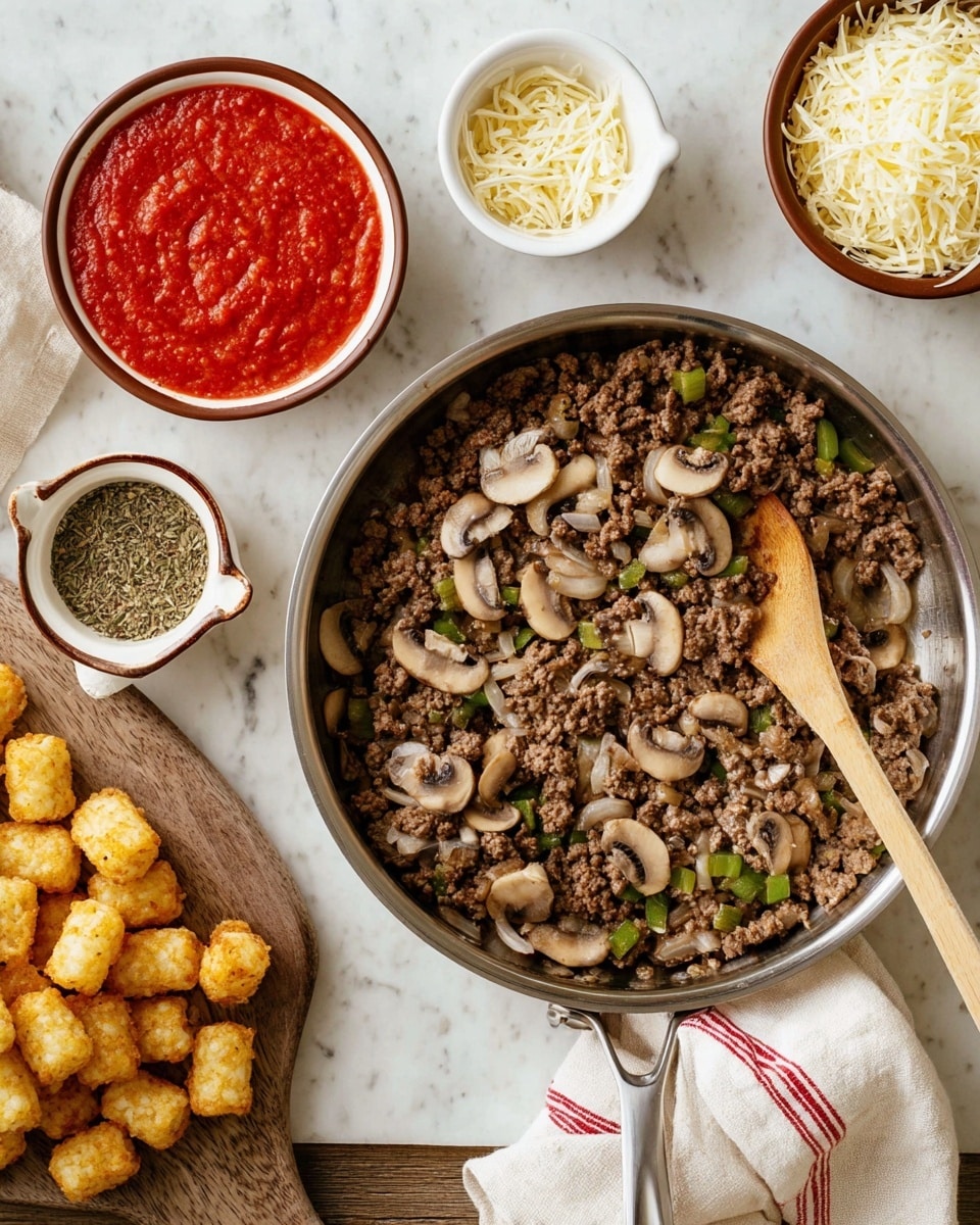 A silver pan on a white marbled surface holds cooked ground beef mixed with sliced brown mushrooms, small pieces of green bell pepper, and diced white onions, with a wooden spoon resting inside. To the left, a wooden board carries three small white bowls: one with bright red tomato sauce, one with dried herbs in a brown rimmed dish, and one with shredded white cheese. To the top right, there is a white bowl filled with golden brown tater tots. A cream cloth with a red stripe is partially under the pan. photo taken with an iphone --ar 4:5 --v 7
