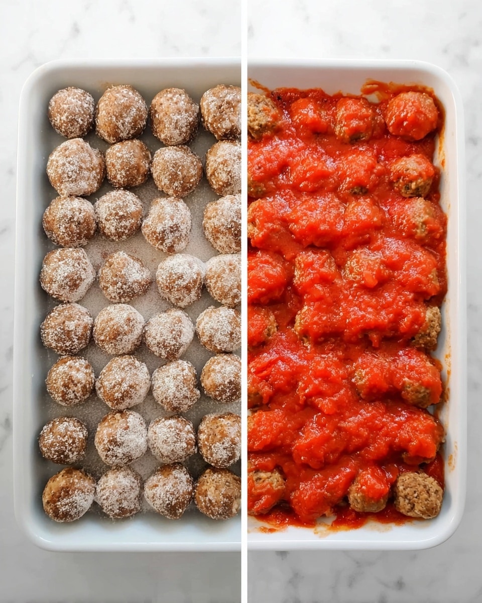 The image shows two side-by-side views of a rectangular white dish on a white marbled surface. The left view has even rows of small brown round balls, slightly dusted with white powder, neatly placed inside the dish. The right view shows the same round balls covered evenly with a bright red chunky tomato sauce, creating a thick layer on top. The texture of the tomato sauce looks slightly rough with visible tomato pieces, and the round balls underneath are still visible around the edges. Photo taken with an iphone --ar 4:5 --v 7