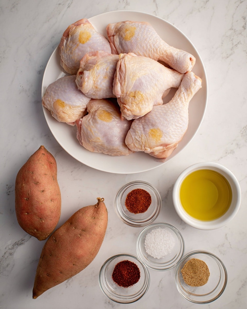 The image shows a white plate filled with nine raw chicken legs, light pink with smooth skin and some yellow spots near the joints, placed on a white marbled surface. To the right, there is a small white bowl with golden yellow oil inside. Below the plate and bowl, there are three whole sweet potatoes with rough brown-orange skin. Arranged neatly in small clear glass bowls are six kinds of spices in different colors: bright red, dark red, light brown, medium brown, white salt, and off-white granules. The whole setup is clean and organized, presented on a white marbled surface. photo taken with an iphone --ar 4:5 --v 7