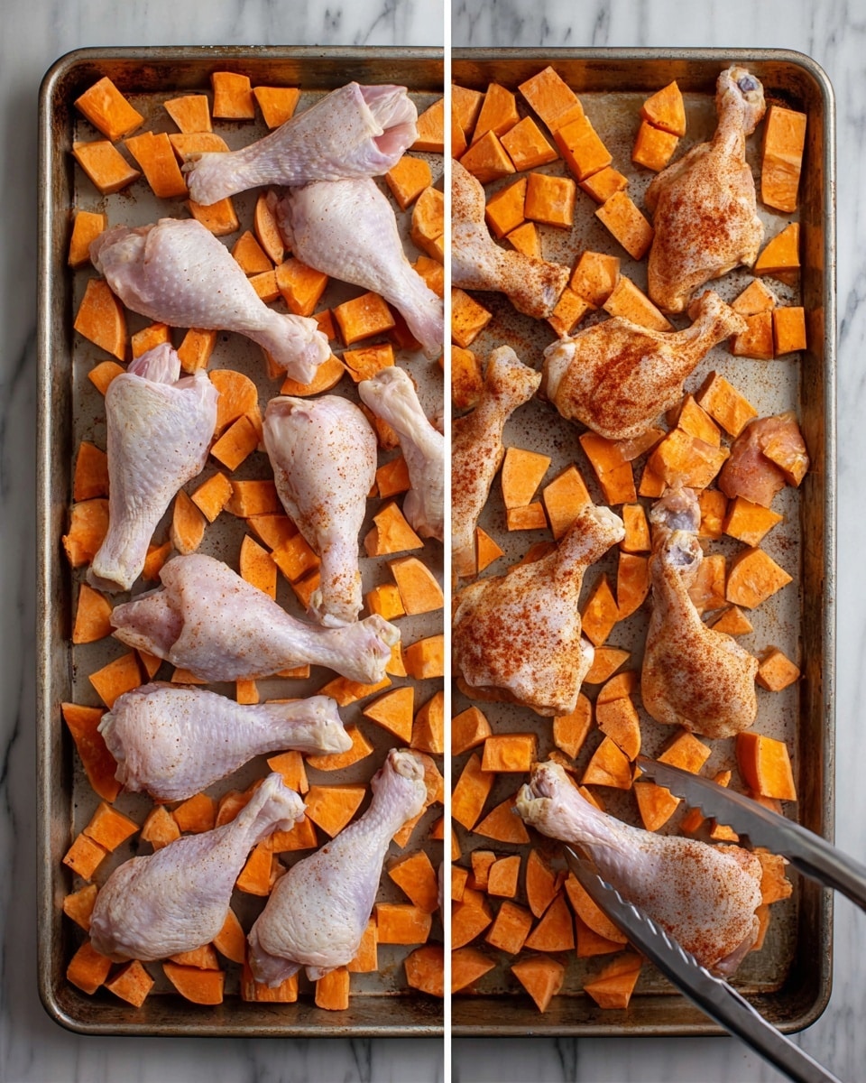 Two side-by-side images show a large metal baking tray filled with pieces of raw chicken drumsticks and chopped sweet potatoes. In the left image, eight raw chicken drumsticks are scattered among many orange chunks of sweet potatoes, each piece having rough skin texture and bright orange flesh. The right image shows the same tray with all chicken and sweet potatoes sprinkled evenly with a reddish-brown spice mixture. A woman's hand with tongs is holding one chicken drumstick on the right side of the tray. The tray rests on a white marbled surface. photo taken with an iphone --ar 4:5 --v 7