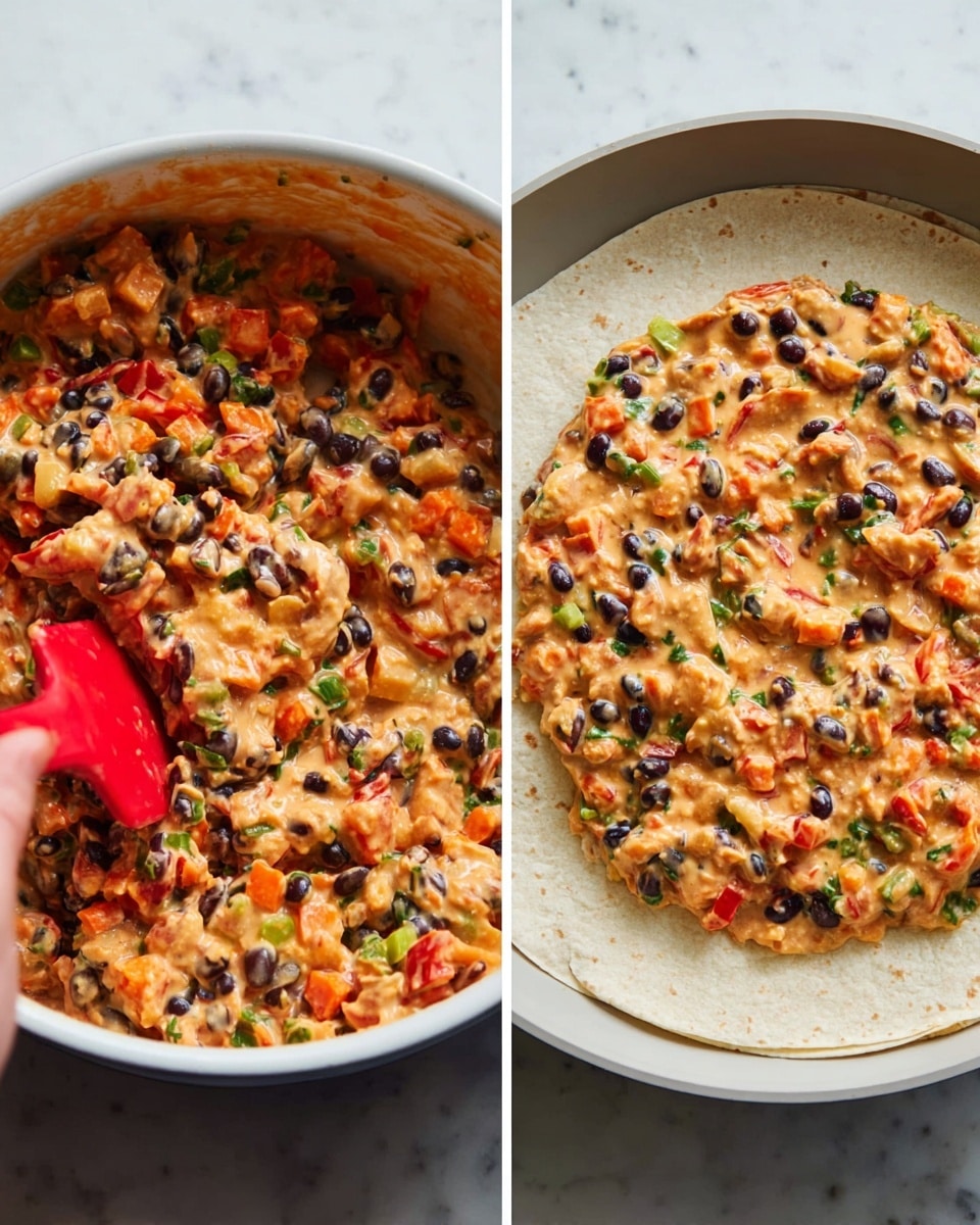 The image on the left shows a close-up of a bowl filled with a colorful mixture of diced orange, red, green, and black ingredients mixed in a creamy sauce, with a woman's hand holding a red spatula stirring it. The orange pieces look soft and creamy, while the black round beans and chopped green herbs add texture and contrast. The image on the right shows a white round pan with a large beige tortilla placed inside, with the same colorful creamy mixture spread over half of it, ready to be folded. Both images have a white marbled surface background. photo taken with an iphone --ar 4:5 --v 7