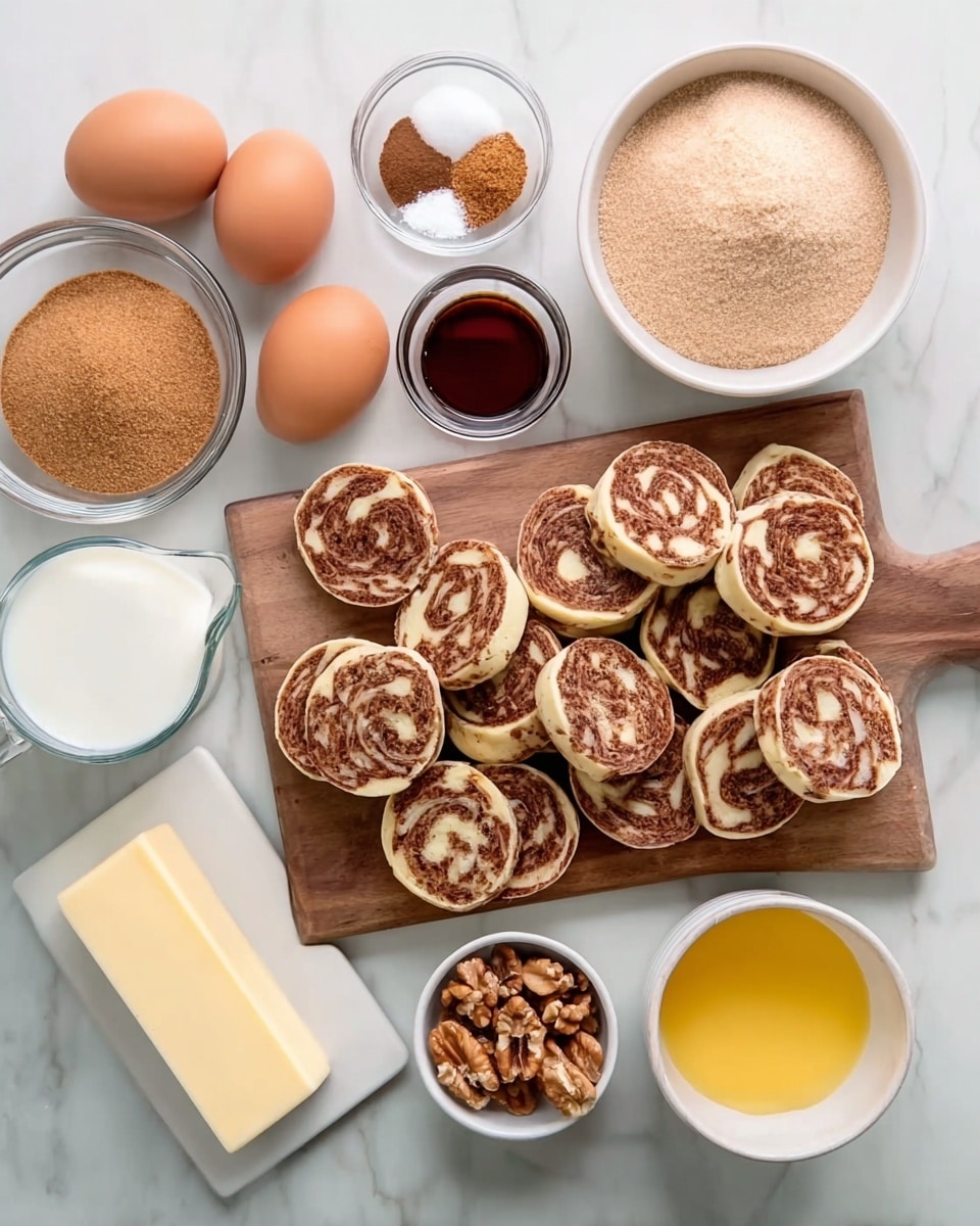 A white marbled table holds a wooden cutting board filled with round, multi-layered pieces of what looks like chopped patterned dough or meat with brown and cream colors. Around the board are several white bowls and containers: one large bowl filled with light brown sugar, a glass bowl holding three brown eggs, a small bowl with ground cinnamon, another with dark vanilla extract, a clear dish with white salt, a white rectangular dish with a yellow stick of butter, a small cup with a light brown powder, a glass measuring cup with white milk, a white bowl of chopped nuts, and a clear bowl filled with melted yellow butter. Photo taken with an iphone --ar 4:5 --v 7