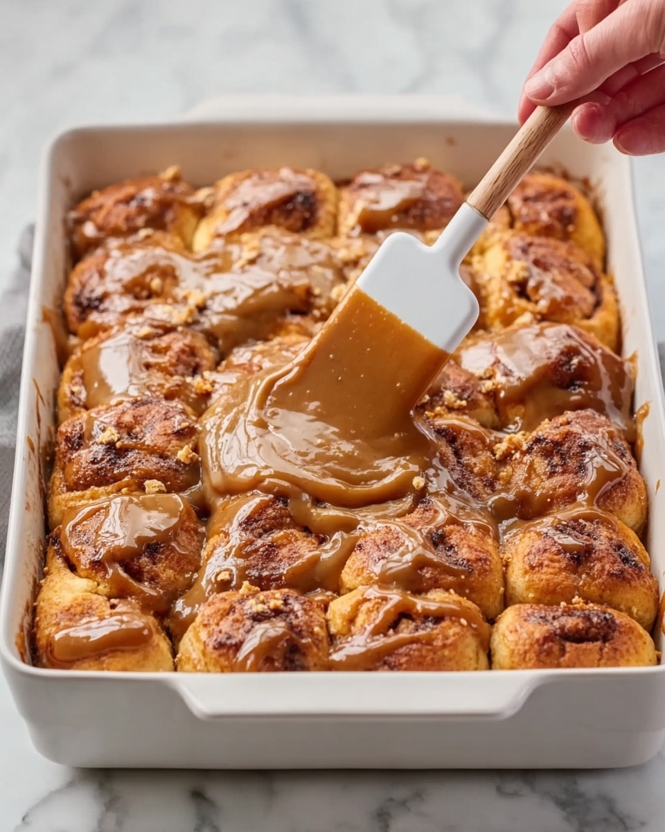 A white rectangular baking dish filled with a golden brown baked roll casserole showing many individual rolls tightly packed together in three visible layers. On top, a thick textured layer of brown gravy is being spread evenly by a woman's hand holding a white spatula, creating shiny, smooth streaks over the warm rolls. The dish sits on a white marbled surface, and the rolls have a soft, slightly crispy texture with darker brown spots on the top. photo taken with an iphone --ar 4:5 --v 7
