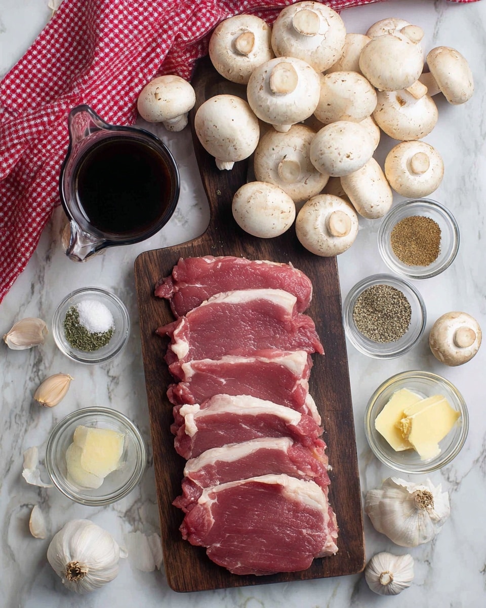 The image shows raw meat slices, light red with white fat edges, laid in a row on a dark wooden cutting board. Around the meat, there are many white mushrooms, whole and fresh. Small clear glass bowls hold ground black pepper, a brown spice, chopped garlic, salt, and pale yellow butter. A glass measuring cup with dark liquid sits next to the mushrooms. A few whole garlic bulbs are scattered on the white marbled background, and a red and white checkered cloth is partly visible on the upper left side. The photo taken with an iphone --ar 4:5 --v 7
