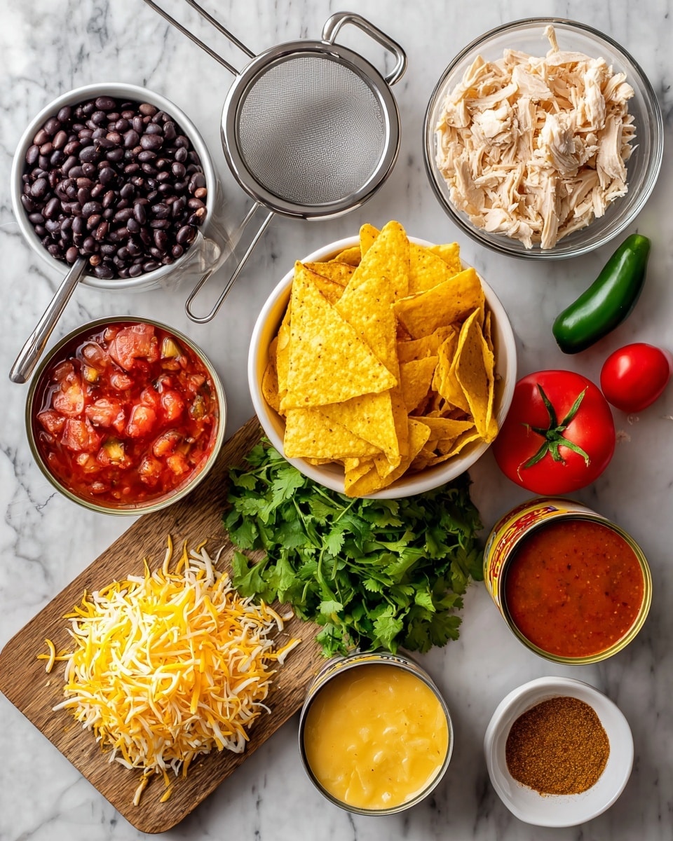 The image shows different ingredients placed on a white marbled surface for making a dish. There is a white bowl filled with golden yellow tortilla chips in the center. To the left is a small metal strainer with shiny black beans on top. Above it, a clear glass bowl holds pieces of light-colored chicken. Below the strainer is a wooden board covered with a mound of shredded yellow and white jack and cheddar cheeses. Near the bowl of chips is a pile of fresh green cilantro with its leafy texture visible. Toward the right side, two bright red tomatoes and a shiny green jalapeno sliced into rounds add color. Two opened cans with chunky red Rotel tomatoes and smooth yellow cream of chicken soup are placed close together; one has a spoon inside. Finally, a small white dish contains ground cumin, a fine brown powder. Photo taken with an iphone --ar 4:5 --v 7
