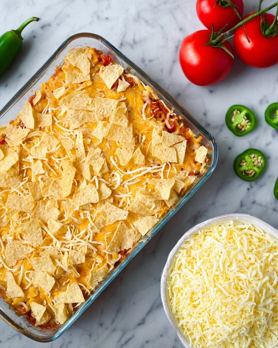 The image shows a clear glass baking dish filled with three layers visible from the top: the bottom layer seems to be a tomato-based sauce with bits of red and orange, the middle layer appears to be cheese melted smoothly, and the top layer is covered with broken light yellow tortilla chips mixed with shredded light and white cheese scattered unevenly. Next to the dish, there is a white bowl filled with more shredded cheese. The background is a white marbled surface, with two red tomatoes attached to green stems near the top right corner, and some green sliced jalapeños and a whole green jalapeño pepper nearby. Photo taken with an iphone --ar 4:5 --v 7