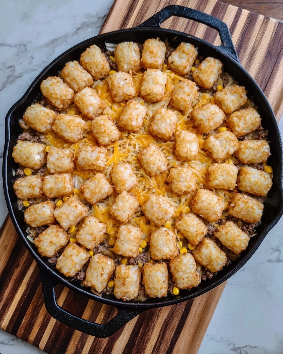 A large black cast iron pan filled with three visible layers: the bottom layer shows a mix of browned ground meat and diced onions in small chunks, middle layer has a scattered mix of yellow corn kernels and melted shredded cheese in orange and white shades, and the top layer is covered evenly with a single layer of golden brown round tater tots arranged tightly side by side. The pan sits on a wooden striped cutting board with a white marbled texture underneath. Photo taken with an iphone --ar 4:5 --v 7
