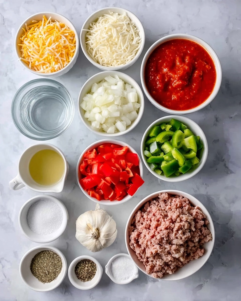 The image shows small white bowls arranged on a white marbled texture surface, each filled with a different ingredient. There are five small bowls on the top containing shredded yellow and white cheese, cooked white rice, smooth red tomato sauce, diced red tomatoes, and chopped vegetables with red bell peppers, green peppers, and white onions. Below, there is a bowl filled with ground meat, and next to it, there is a small cup of clear liquid, likely water, and a bowl with a pale yellow liquid, probably oil. In front, there are smaller white bowls containing garlic cloves, salt, a beige powder, black pepper, and dried herbs. The arrangement looks neat and organized. Photo taken with an iphone --ar 4:5 --v 7