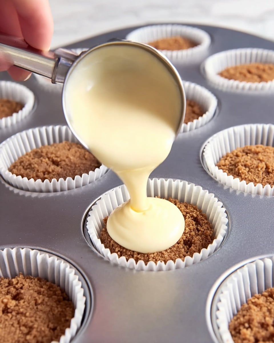 A close-up image shows a white cupcake liner filled with a brown crumb base inside a silver muffin tin with multiple cups. A woman's hand is holding a metal scoop filled with smooth, creamy, pale yellow batter, pouring it gently over the crumb base in the liner. The muffin tin is resting on a white marbled surface, and several other cups in the tin also have the crumb base inside. The focus is on the pouring batter and the texture difference between the crumb base and the creamy batter. photo taken with an iphone --ar 4:5 --v 7