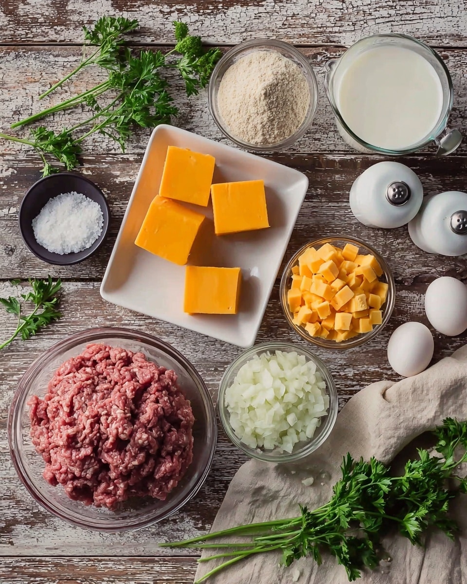 The image shows many ingredients laid out on a rustic wooden table. In the center left, there is a clear glass bowl filled with raw ground meat, with a texture that looks soft and loose. Above it, a white rectangular dish holds six thick, bright orange cubes of cheddar cheese. To the right of the meat bowl, there is a small glass bowl filled with small yellow cheese cubes, and next to it is a pile of finely chopped white onions spread directly on the table. Above the onions, a small black bowl holds coarse white salt. To the top right, a round glass bowl is filled with light beige breadcrumbs, next to a glass of milk, an egg, and salt and pepper shakers that are white with silver tops. On the far right, fresh green parsley sprigs are laid out on a beige cloth napkin, with one small sprig resting on the napkin on the table. The background is a white marbled texture. photo taken with an iphone --ar 4:5 --v 7