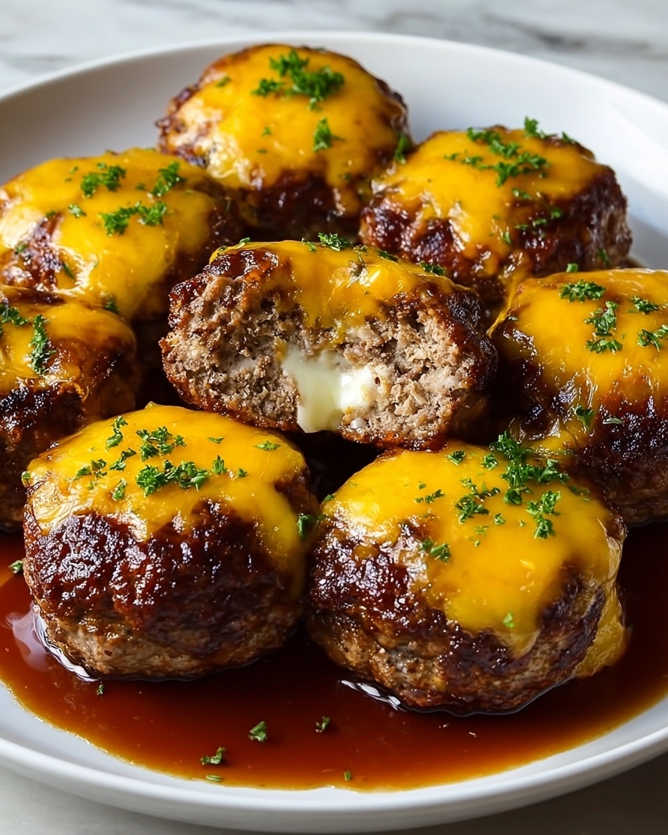 A white plate holds six round meat patties topped with melted yellow cheese and sprinkled with small green herb pieces. One front patty is sliced open, showing a light brown inside with a white creamy layer beneath the cheese. The patties rest on a shiny, dark brown sauce that glistens under the light. The white marbled surface holds the plate, adding a clean, bright feel to the presentation. photo taken with an iphone --ar 4:5 --v 7