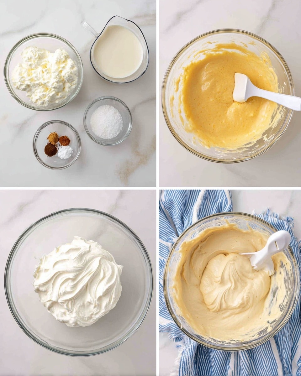 The image shows four parts of a baking process on a white marbled surface with a blue and white striped cloth. The first part has four separate clear glass bowls: one large bowl with fluffy white whipped cream, one medium bowl with white sugar, one small pitcher with light beige liquid, and a very small bowl with two brown spices. The second part shows a large clear glass bowl with a yellow mixture made by mixing the beige liquid with the spices and sugar, stirred with a white spatula. The third part shows the same large bowl with white whipped cream gently folded into the yellow mixture with the white spatula. The fourth part shows the large bowl with the fully mixed batter, creamy beige and smooth in texture, with the spatula resting inside. Photo taken with an iphone --ar 4:5 --v 7