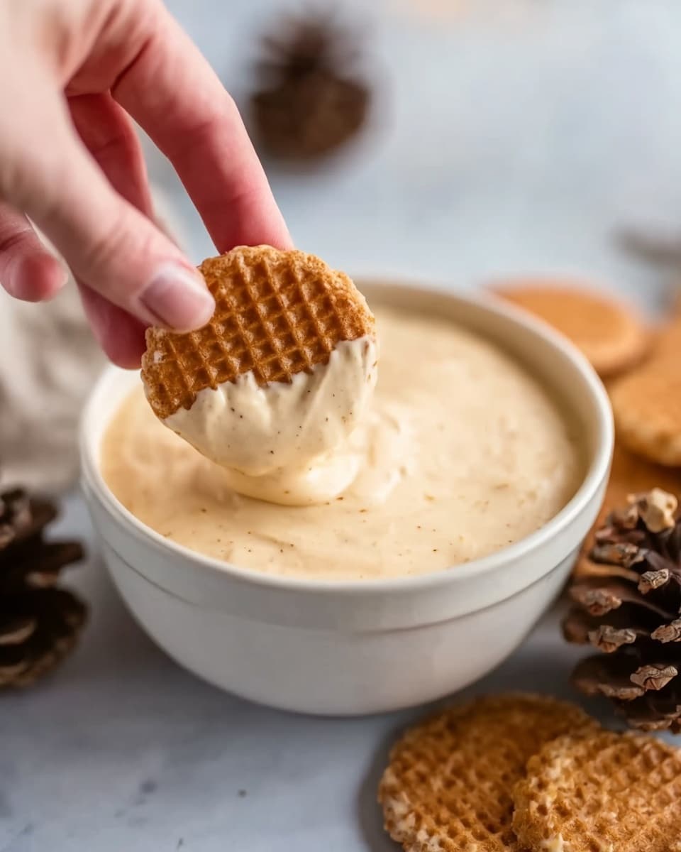 A woman's hand holding a small round waffle cookie partially dipped in a creamy, light beige dip with visible small specks of vanilla or spice. The dip is thick and smooth, filling a white bowl. The bowl sits on a white marbled surface with two more waffle cookies placed at the edge of the bowl in the background. There are also some dark brown pinecones nearby adding a natural touch. The lighting is soft and natural, showing the texture and color of the dip clearly photo taken with an iphone --ar 4:5 --v 7