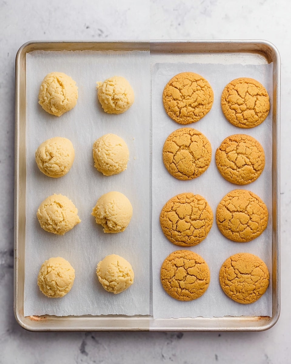 The image shows a baking tray with two sides, both covered with white parchment paper on a white marbled surface. On the left side, there are five round raw cookie dough balls, pale yellow in color with a rough texture. On the right side, there are five fully baked golden brown cookies with cracked tops, spaced evenly to cool. Both sides have the same arrangement of cookies in a loose circle pattern. photo taken with an iphone --ar 4:5 --v 7