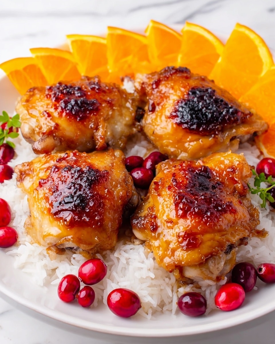 The dish shows four golden brown cooked chicken pieces with a shiny glaze and some darker caramelized spots, placed on a bed of white rice. Around the chicken pieces, there are small bright red round berries scattered, adding a pop of color. On the edge of the white plate, there are orange wedges with a bright, fresh look. The plate sits on a white marbled surface. photo taken with an iphone --ar 4:5 --v 7
