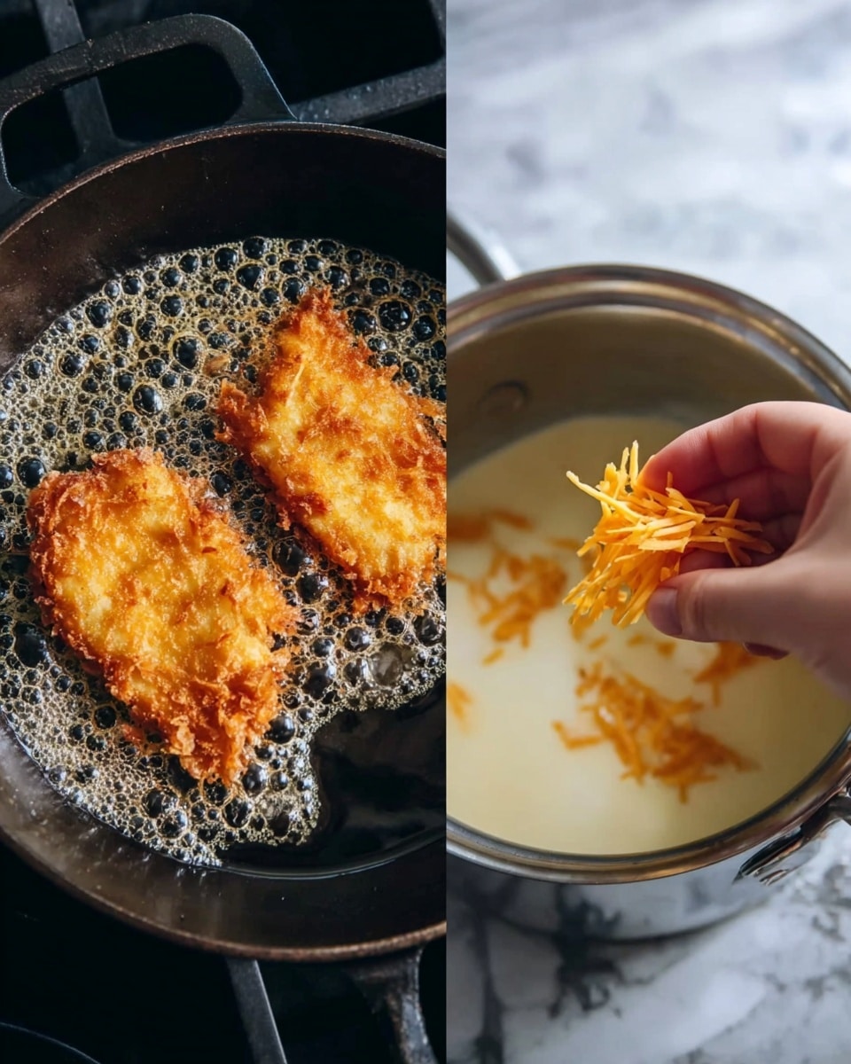 The image shows two golden-brown crispy fried pieces cooking in a dark cast iron pan with bubbling oil around them on the left side. On the right side, a woman's hand is holding and sprinkling small thin orange cheese strips into a shiny metal pot filled with a light creamy liquid. The background is of a white marbled texture. photo taken with an iphone --ar 4:5 --v 7