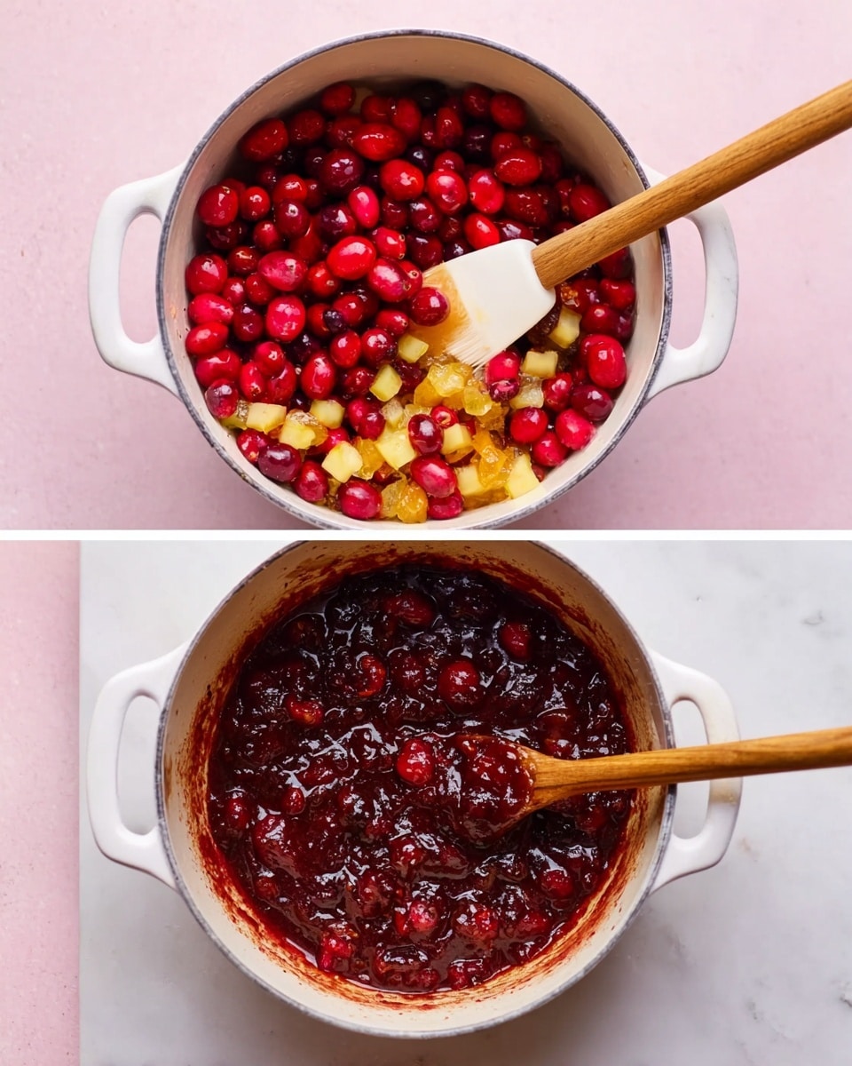 The image shows two white pots on a white marbled surface, each with two handles. The pot on the left contains a mixture of whole red cranberries, small light yellow fruit pieces, and golden raisins at the bottom. A wooden spatula with a white silicone tip rests inside the pot, stirring the ingredients. The pot on the right displays the same cranberries and fruit pieces now cooked into a thick, dark red sauce with a glossy texture, the wooden spatula still inside and coated with the sauce. The background is a soft pink color. photo taken with an iphone --ar 4:5 --v 7