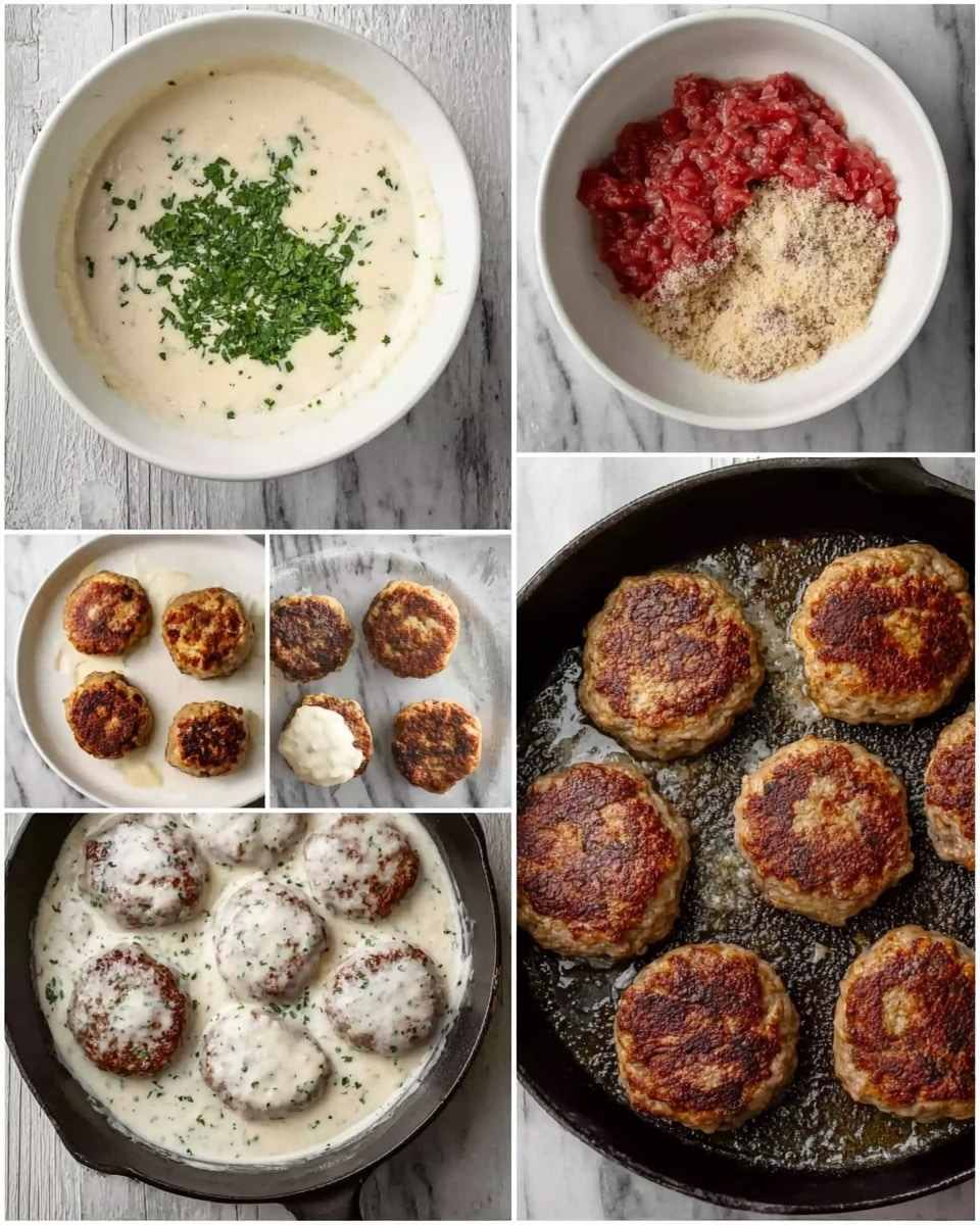 The image shows a series of six photos arranged in two columns and three rows, each displaying steps of making meat patties. The first photo has a white bowl filled with a creamy white sauce topped with chopped green herbs. The second photo shows a white bowl with red minced meat, light brown breadcrumbs, and white cream mixed partially together. The third photo presents a white plate with five round raw meat patties and some sauce next to them. The fourth photo depicts a black cast iron pan with six browned patties cooking inside. The fifth photo features the same pan with the patties covered in creamy white sauce with herbs sprinkled on top. The sixth photo shows a close-up of browned patties in the pan, coated in white sauce and oil. All images are on a white marbled surface background. photo taken with an iphone --ar 4:5 --v 7