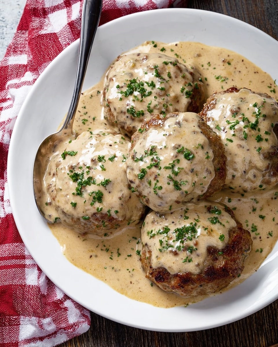 A white round plate holds five browned meat patties covered in a thick, creamy beige sauce with visible herbs and small chunks, garnished with sprinkled green parsley on top of each patty. The sauce pools around the patties inside the plate. A silver spoon rests in the sauce, partly under a patty. The plate is placed on a dark wood surface with a white marbled texture, and in the background, there is a red and white checkered cloth. Photo taken with an iphone --ar 4:5 --v 7