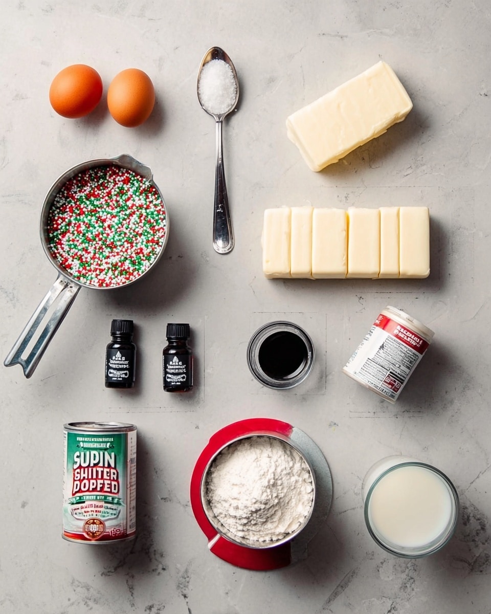 The image shows a white marbled surface with baking ingredients arranged neatly. There are two orange eggs on the left side. Above the eggs is a metal measuring cup filled with colorful round sprinkles, mostly red, green, and white. Next to the eggs, a metal spoon holds a small amount of white salt. To the right, there are two small dark bottles labeled vanilla and almond extract. Above them, a rectangular stick of butter divided into sections is placed horizontally. To the right of the butter, a metal measuring cup filled with white flour casts a shadow. A can of baking powder with a colorful label sits nearby. On the upper right, a clear measuring cup with milk inside rests on a red coaster. Towards the top center, a large metal measuring cup full of powdered sugar and next to it a smaller metal cup of white sugar complete the layout. The ingredients are spaced evenly with good lighting and clarity. photo taken with an iphone --ar 4:5 --v 7