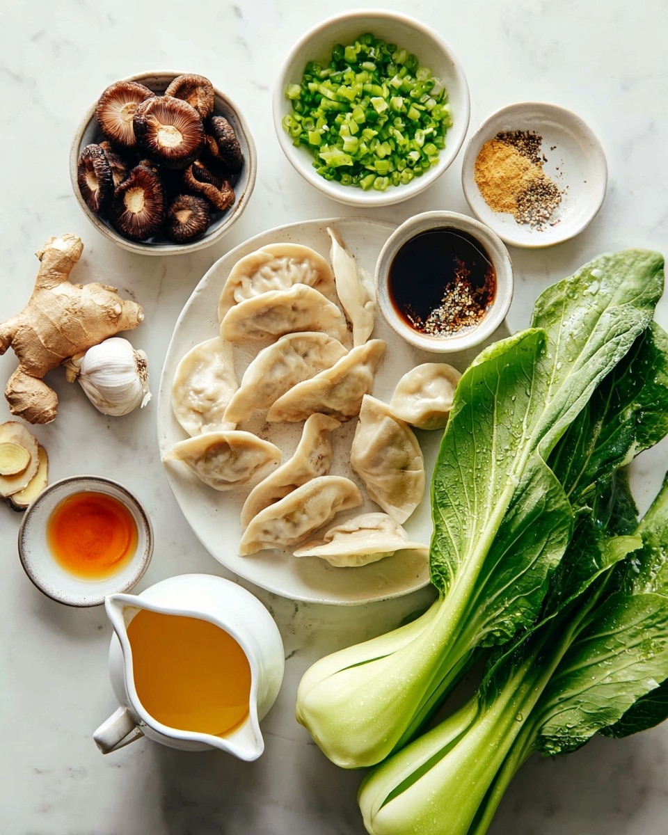 The image displays a collection of fresh ingredients on a white marbled surface. At the center, there is a white plate stacked with pale, crescent-shaped dumplings showing some darker, cooked spots. To the right, there are two large green bok choy leaves with droplets of water on them. Above the dumplings, a small white bowl is full of chopped bright green scallions. To the left of the dumplings, a white bowl holds a cluster of dark brown dried mushrooms. Above that, a white round plate holds three peeled garlic cloves and a piece of light brown ginger root, alongside three small spice bowls: one with a dark soy sauce, one with a light golden liquid sprinkled with black pepper, and one with a dark amber sauce. On the lower left, a white small pitcher has a thick, orange sauce inside. photo taken with an iphone --ar 4:5 --v 7