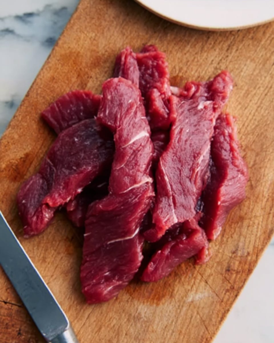 The image shows several thin strips of raw red meat placed in a small pile on a wooden cutting board. The meat is fresh and has a rich deep red color with visible muscle fibers. There is a white round plate on the top right edge of the image, partially visible. The cutting board is resting on a white marbled surface. A small part of a woman's hand can be seen holding a knife on the bottom left corner. photo taken with an iphone --ar 4:5 --v 7