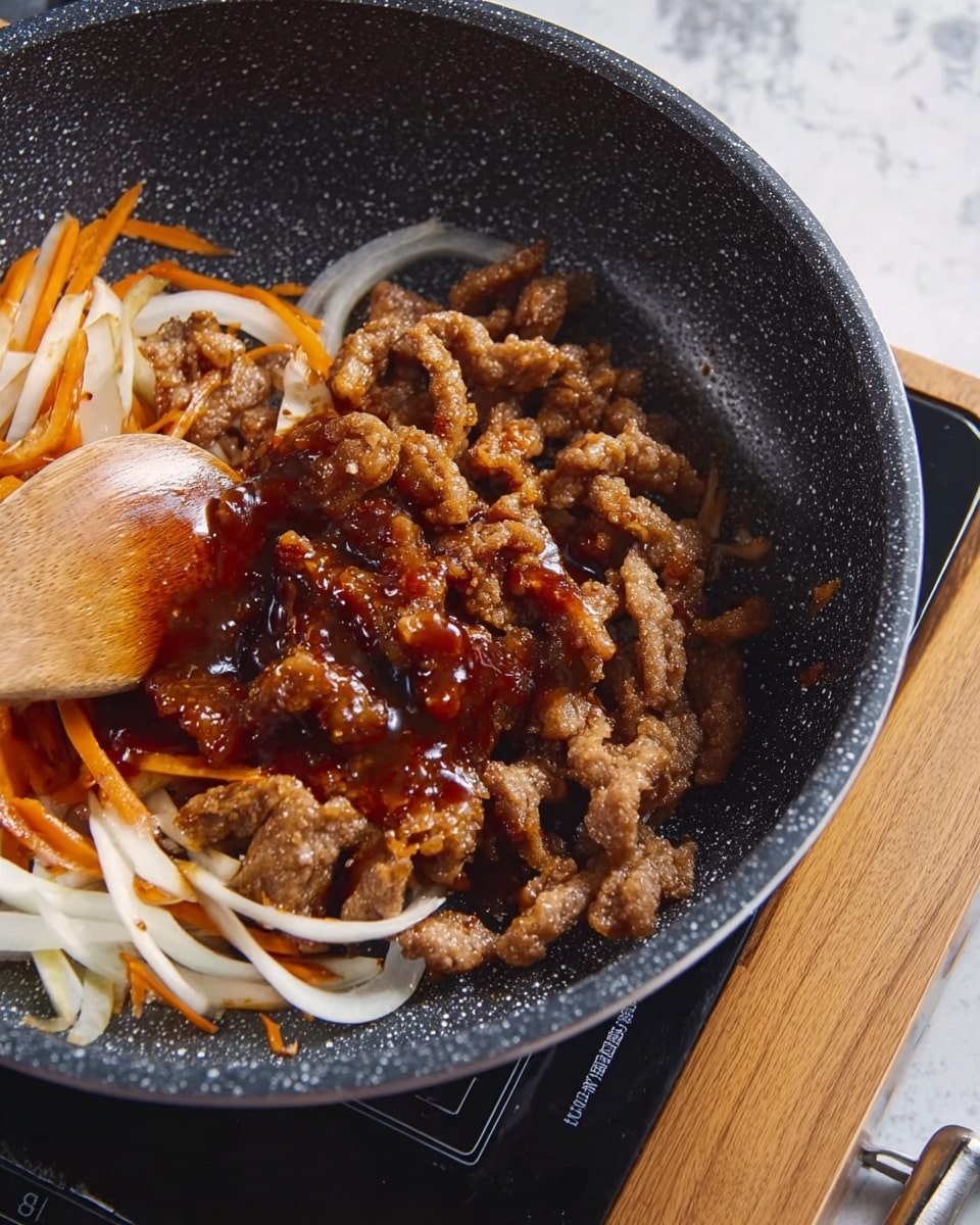 In a dark, speckled cooking pan, there are three main visible layers: the bottom layer has thin slices of white and orange vegetables, likely onions and carrots, which look soft and slightly cooked. On top of this, a thick layer of crispy brown fried strips fills most of the pan. The uppermost layer shows a rich, glossy dark reddish-brown sauce being spread over the fried strips. A woman's hand holding a wooden spoon is stirring the ingredients in the pan. The pan is placed on a stove, and the background has a white marbled texture. Photo taken with an iphone --ar 4:5 --v 7