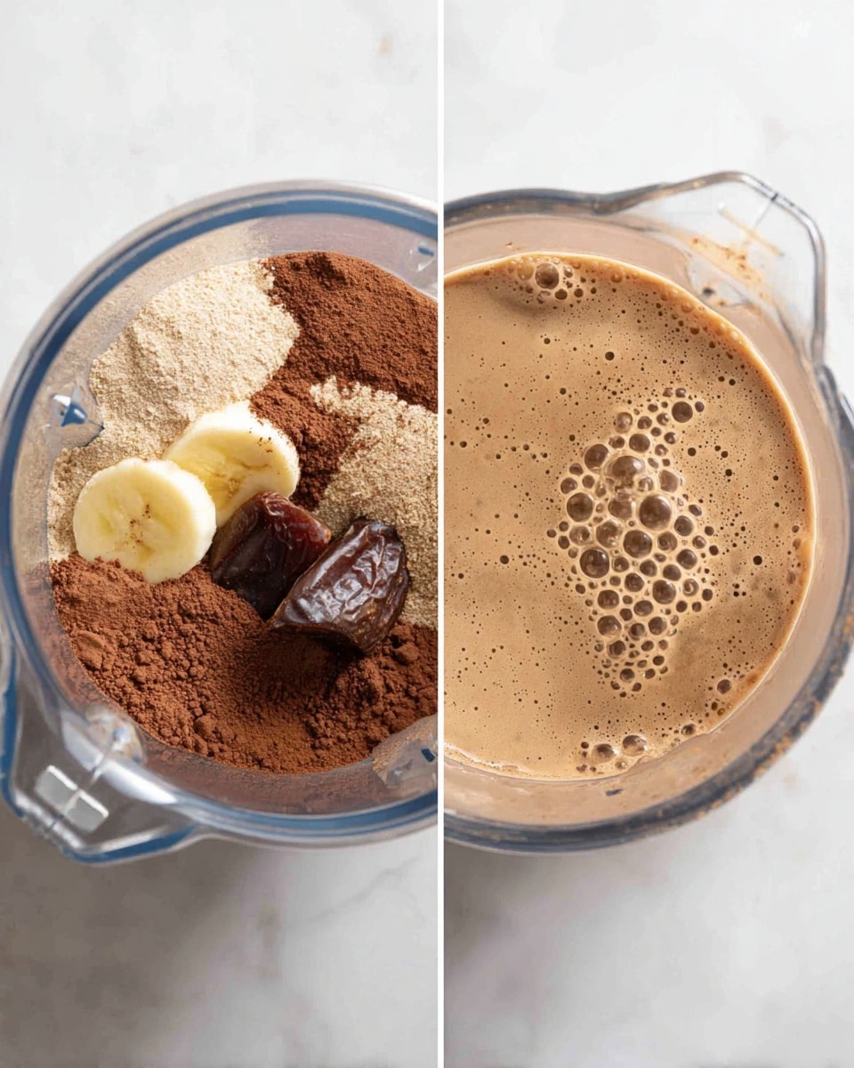 The image shows two top-down views of a blender jar on a white marbled surface. On the left, the blender is filled with several ingredients layered: at the bottom, there is a light powdery beige layer, next two dark brown chunks resembling dates, a light yellow piece of banana, and a fine dark brown cocoa powder sprinkled mostly over the top. On the right, the ingredients are blended into a smooth, light brown creamy mixture with small bubbles evenly spread on the surface. Photo taken with an iphone --ar 4:5 --v 7