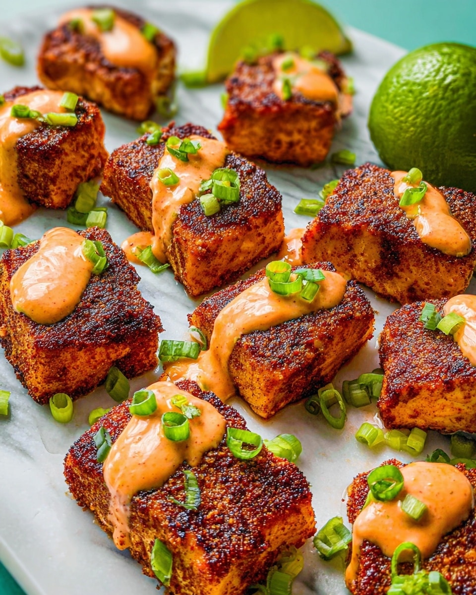 The image shows several square pieces of cooked salmon with a dark orange-brown spiced crust. On top of each salmon piece is a light orange sauce drizzled unevenly, adding creamy texture. Small, chopped green onions are sprinkled across the fish, adding bright green touches. In the background, there is half a green lime resting against the salmon. All the food sits on a white plate on a white marbled surface. photo taken with an iphone --ar 4:5 --v 7