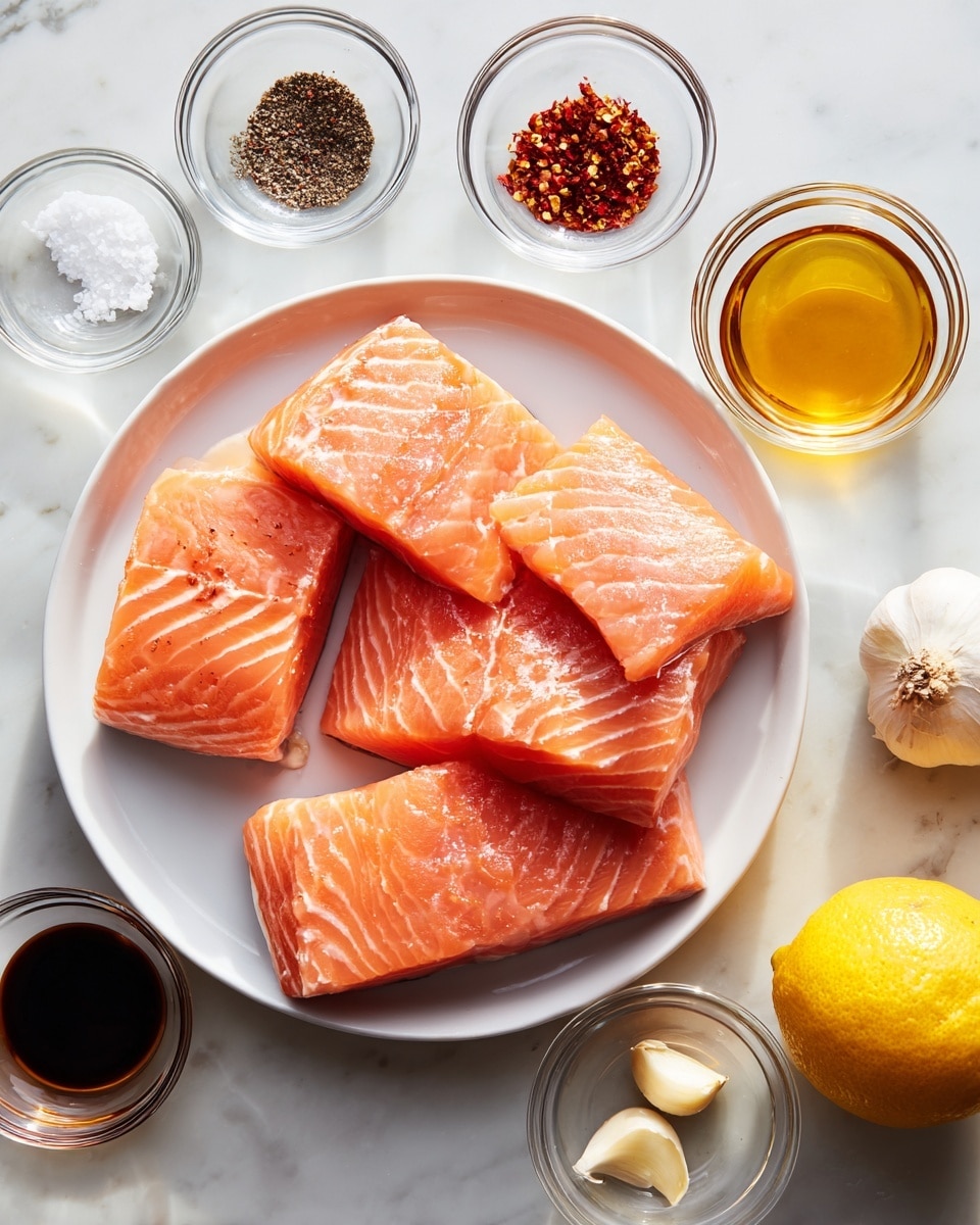 Four raw salmon fillets with light pink and orange color and visible white fat lines are placed in a circle on a white plate at the center of a white marbled surface. Around the plate are seven small clear glass bowls with different ingredients including black pepper, salt, red chili flakes, honey, dark soy sauce, a light golden liquid, and three garlic cloves. There is also one whole yellow lemon on the right side near the bowls. The lighting is bright and natural, highlighting the textures and colors clearly. Photo taken with an iphone --ar 4:5 --v 7