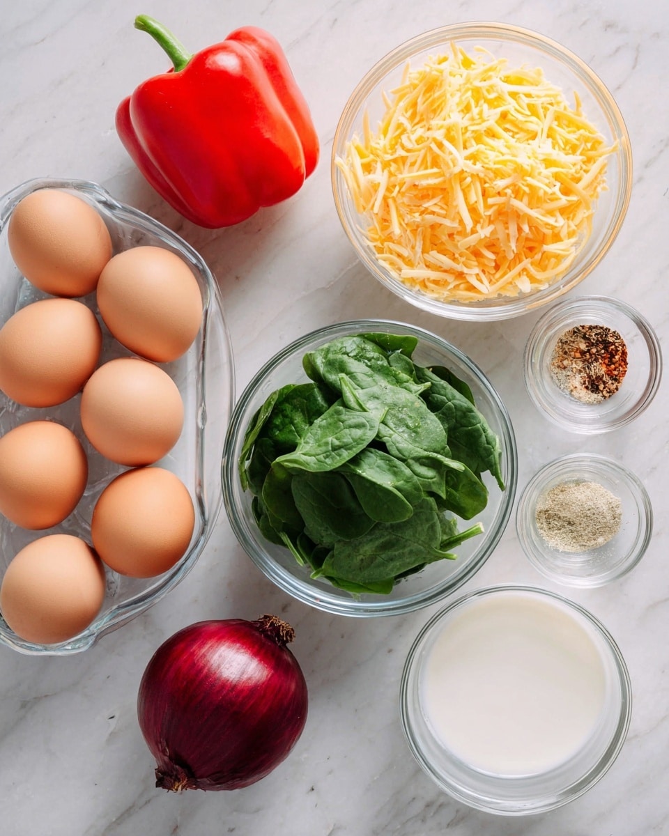 The image shows a white marbled surface with seven clear glass bowls arranged neatly on it. In the top left, a bright red bell pepper rests next to a bowl filled with shredded yellow cheese at the top center. Below the cheese bowl, a bowl contains fresh green spinach leaves with their round and smooth texture visible. To the left of the spinach, a larger bowl holds nine brown eggs stacked closely together. Toward the right side of the image, there is a whole red onion with a shiny, smooth skin lying next to a small bowl of white liquid, likely milk. At the top right corner, a small bowl contains a mix of dry spices in light and dark colors. The natural light highlights the freshness and colors of all the ingredients. photo taken with an iphone --ar 4:5 --v 7