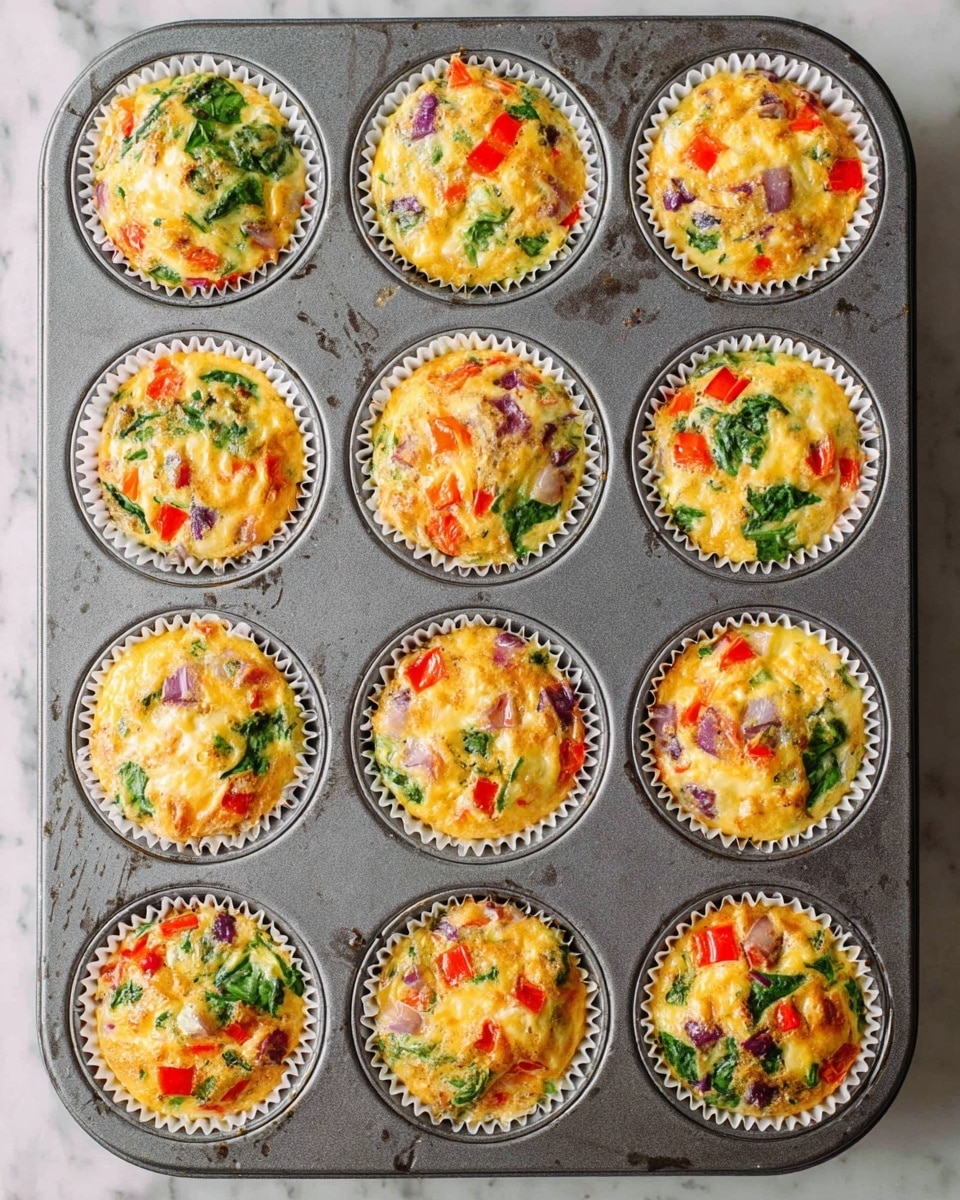 The image shows a metal muffin tray with twelve baked egg muffins inside white paper liners. Each muffin has a mix of yellow egg with visible bits of red bell pepper, green spinach, and purple onion spread throughout. The muffins are well-risen with a slightly bumpy surface and colorful vegetable pieces evenly distributed. The tray is placed on a white marbled surface. photo taken with an iphone --ar 4:5 --v 7