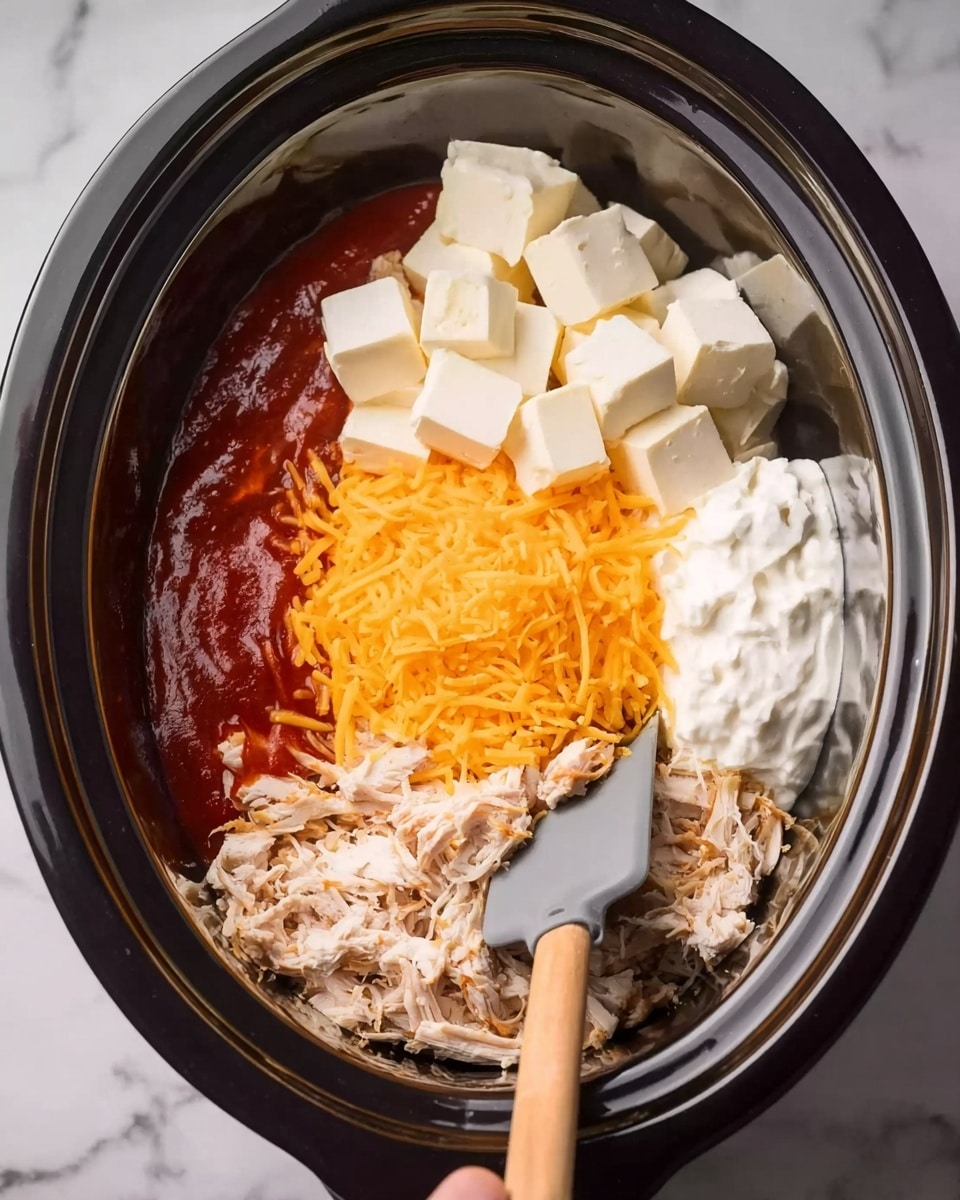 The image shows the inside of a slow cooker with five different ingredients divided into separate sections. There is shredded cooked chicken in a light beige color at the bottom. Next to it, a pile of bright orange shredded cheese. Above the cheese, there are several cubes of white cream cheese. To the right, there is a section of white sour cream with a smooth texture. On the left side, there is a red sauce with a glossy surface. A woman's hand is holding a gray spatula with a wooden handle resting on the edge of the slow cooker. The slow cooker sits on a white marbled surface. Photo taken with an iphone --ar 4:5 --v 7
