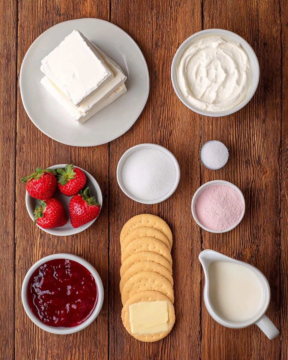 The image shows several ingredients neatly arranged on a wooden surface with a rich brown color and visible grain texture, changed to a white marbled texture. In the top left, there is a white plate holding several thick blocks of soft, white cream cheese stacked on top of each other. To the right of the plate, a small white bowl filled with thick white cream sits near the top edge. Below the cream, a bigger white bowl contains bright red strawberry jam with a glossy, slightly chunky texture. On the left side below the cream cheese plate, another white bowl holds fine white sugar with a smooth surface. Near the center, three bright red strawberries with green leaves rest close together. To the strawberries’ right, a small white bowl contains light pink powder with a fine texture. Under the strawberries, a row of five golden sandwich cookies lies flat. Between the jam and pink powder is one small square of butter with smooth yellow texture. At the bottom right, a white pitcher filled with fresh cream sits with its handle facing right. Photo taken with an iphone --ar 4:5 --v 7