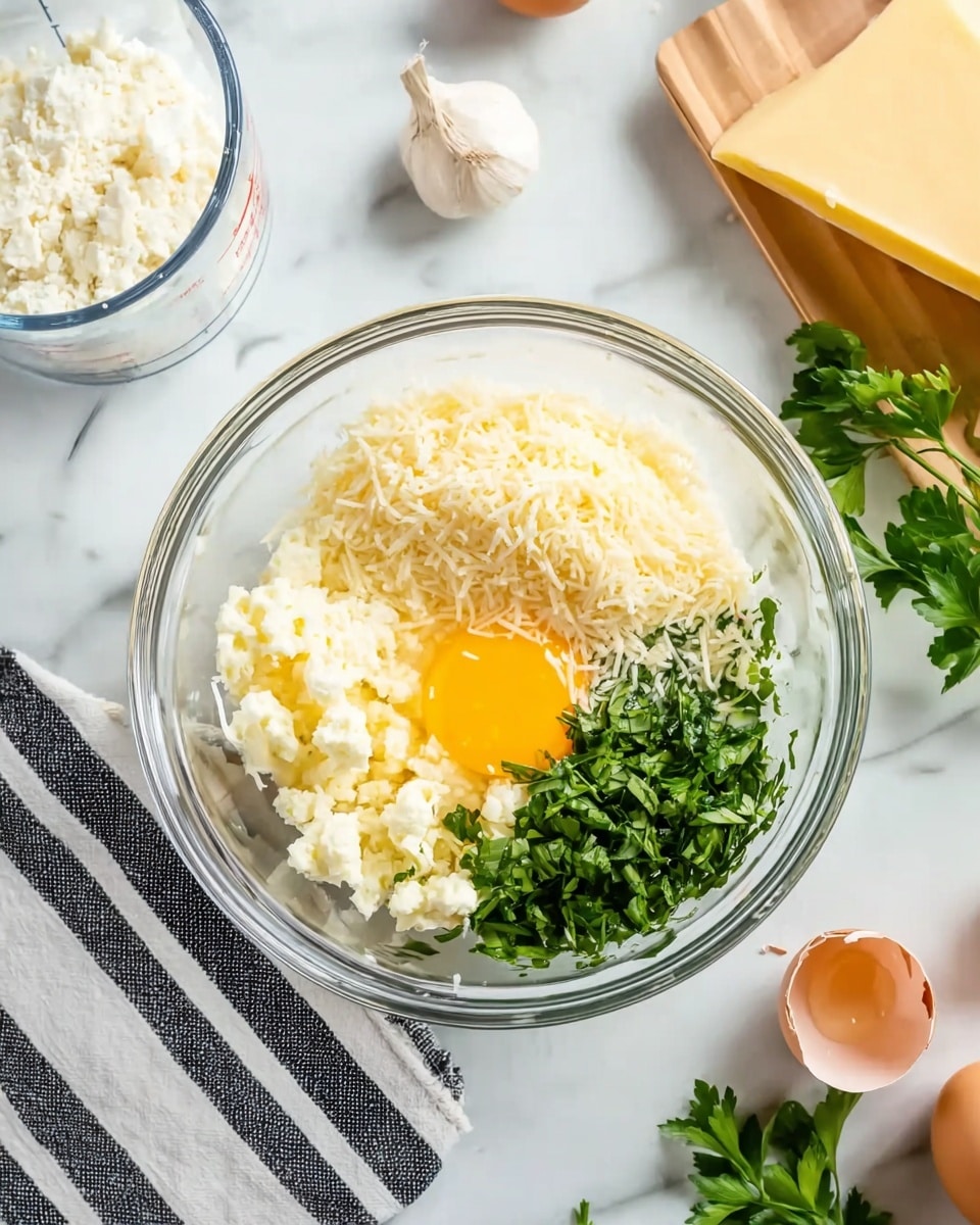 A clear glass bowl on a white marbled surface contains three main layers of ingredients: finely grated white cheese covering half the bowl, chopped fresh green herbs occupying the lower right quarter, and a bright yellow raw egg yolk with clear egg white filling the remaining upper right quarter. Surrounding the bowl are cooking items, including a clear measuring cup with white cheese in the upper left, a striped black and white cloth underneath the bowl, an unpeeled garlic clove and a large piece of yellow cheese in the top right, two brown egg shells near the garlic, and a bunch of green parsley leaves in the bottom right corner. Photo taken with an iphone --ar 4:5 --v 7