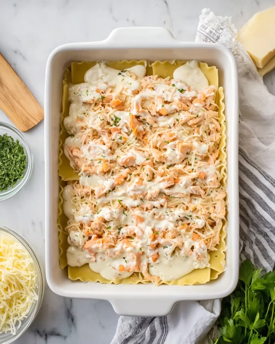 The image shows a white rectangular baking dish filled with an uncooked layered dish. At the bottom, there is a single flat layer of wide, square pasta sheets in a light yellow color. On top, there is a layer of shredded light orange and off-white pieces scattered evenly, likely cooked chicken and vegetables. This is covered with a creamy white sauce spread unevenly over the top. The dish sits on a white marbled surface with a portion of a white cloth with gray stripes visible nearby, along with a glass bowl of shredded cheese and a small wedge of cheese beside some fresh green herbs. Photo taken with an iphone --ar 4:5 --v 7