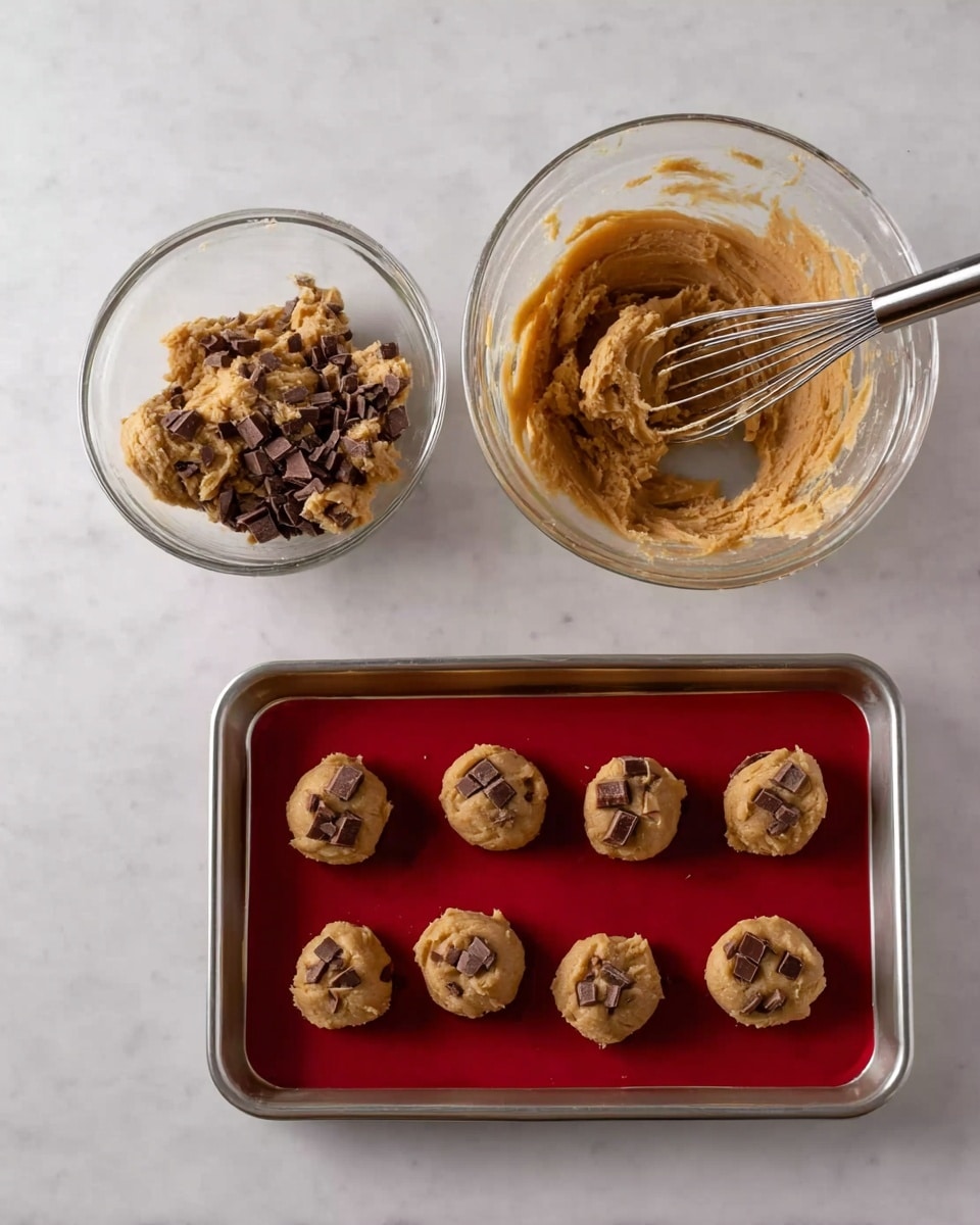 A clear glass bowl sits on a white marbled surface, filled with light brown cookie dough being mixed using a whisk held by a woman's hand. Next, the same clear bowl contains the light brown cookie dough with pieces of chopped chocolate scattered on top, ready to be mixed in. Finally, eight dough balls are placed evenly on a silver baking tray lined with a red baking mat, the dough balls are light brown and smooth. Photo taken with an iphone --ar 4:5 --v 7
