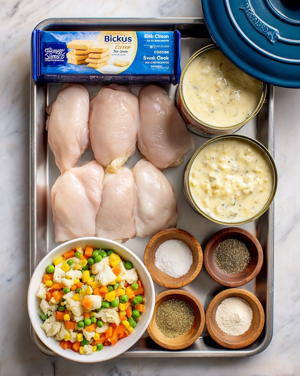 The image shows a metal tray with several cooking ingredients arranged neatly on a white marbled surface. At the top left is a blue tube of biscuits, above three large, light pink chicken fillets placed side by side. To the right of the chicken are three open cans filled with creamy, pale yellow soups: one labeled cream of chicken soup, the next cream of celery soup. Below the chicken and soup cans, a white bowl contains mixed frozen vegetables in colors of green, orange, yellow, and white. Next to the bowl are four small wooden bowls with spices: white onion powder, light tan garlic powder, and dark black pepper, each with fine, powdery textures. The background has a blue crockpot visible at the top edge. photo taken with an iphone --ar 4:5 --v 7