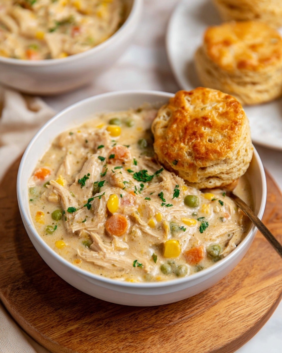 A white bowl filled with creamy chicken and vegetable stew showing visible pieces of shredded chicken, yellow corn, green peas, small orange carrot cubes, and bits of green beans mixed in a thick beige sauce, sprinkled lightly with chopped green herbs on top; a golden brown biscuit with a slightly rough and flaky texture sits on the edge of the bowl, partially resting on the stew; the bowl is placed on a wooden board with a white marbled surface background, part of another white bowl with similar stew and a plate of more biscuits blurred in the background; soft natural light highlights the warm colors and textures, photo taken with an iphone --ar 4:5 --v 7