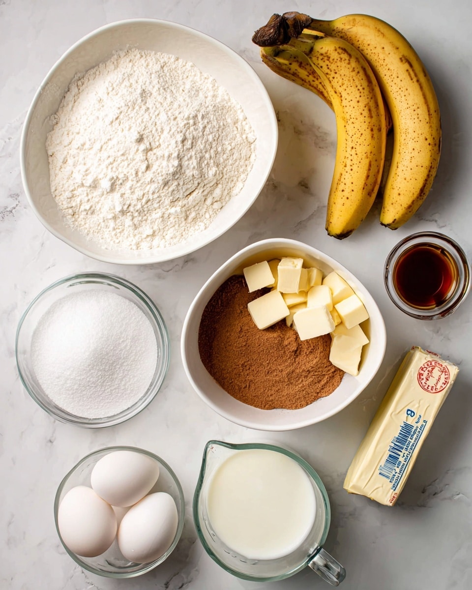 The image shows ingredients for baking arranged neatly on a white marbled surface. There are two large white bowls: one on the top left filled with white flour and baking powder, and one on the right side with brown sugar, cinnamon, and small cubes of butter on top. In the middle left, there is a clear glass bowl filled with white granulated sugar. Below it are two white eggs and a small clear bowl with vanilla extract. To the bottom right is a glass measuring cup filled with milk. At the top right corner, there are three bananas, two yellow with brown spots and one very dark brown, close to the bowls. A stick of butter in its wrapper lies near the eggs. Everything is well-lit and clean, photo taken with an iphone --ar 4:5 --v 7
