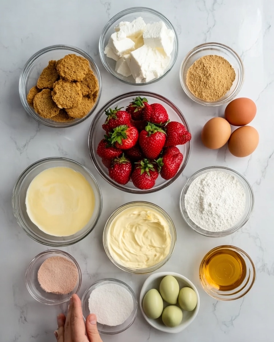 The image shows a white marbled surface with eight clear glass bowls arranged in a circle. The top row bowls contain crushed light brown cookies on the left, a white creamy soft cheese in the middle, and a powder of light brown color on the right. The center bowl is filled with bright red strawberries with green tops. To the right, another bowl holds two brown eggs and two small light green fruits. Below, from left to right, there is a small bowl of light pink powder, a bowl of cream, a thicker pale yellow cream, a white powder, a bowl with melted yellow butter, and a small dish with golden honey. A woman's hand is about to touch one of the bowls. Photo taken with an iphone --ar 4:5 --v 7